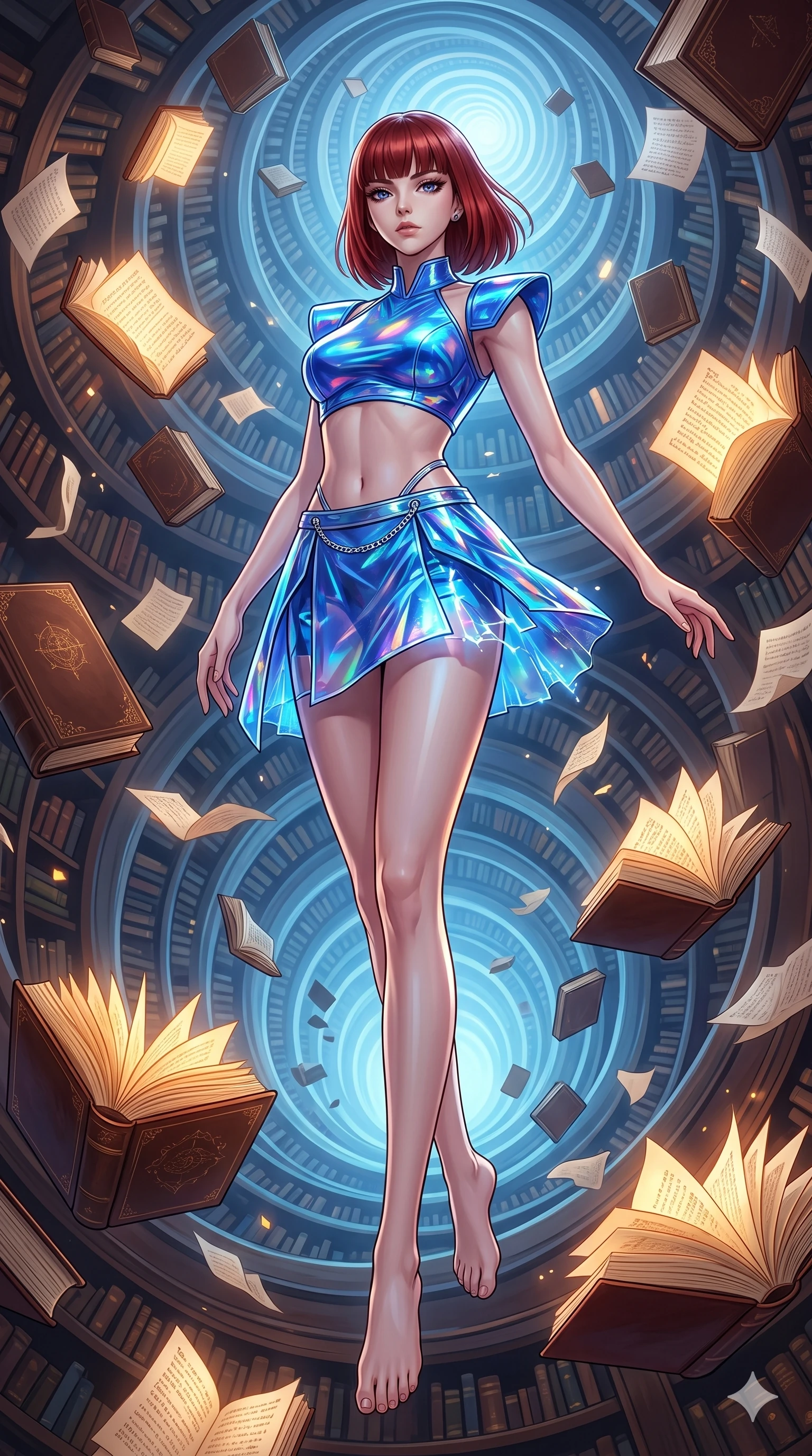 score_9, masterpiece, best quality, ultra-detailed, high-budget anime keyframe, editorial fashion photography, tasteful artistic composition, Caucasian woman, strictly human ears. low angle full-body shot from head to toe showing her feet, filling the entire 9:16 vertical frame with her statuesque presence, stretching her vertical silhouette. ascending with powerful grace through an impossible spiral library extending infinitely in all directions with leather-bound books floating off shelves in zero gravity pages turning themselves and illuminated manuscripts orbiting like literary satellites. She has a statuesque 8.5-heads proportion, an exceptionally tall, slender and willowy model-like build with impossibly long legs and a highly sculpted ultra-slim waist. sharp v-shaped jawline, high-bridge nose, intricate jewel-like eyes with depth, thick eyelashes, glossy lips with a natural sheen. wearing a holographic mini dress in electric blue, featuring structured shoulder pads, an exposed midriff, and a silver waist chain. warm amber reading-light glow from floating manuscripts and self-illuminating book pages combined with cool blue infinity-light from the endlessly receding spiral architecture. 2k, ultra detail, master piece, 9:16 ratio