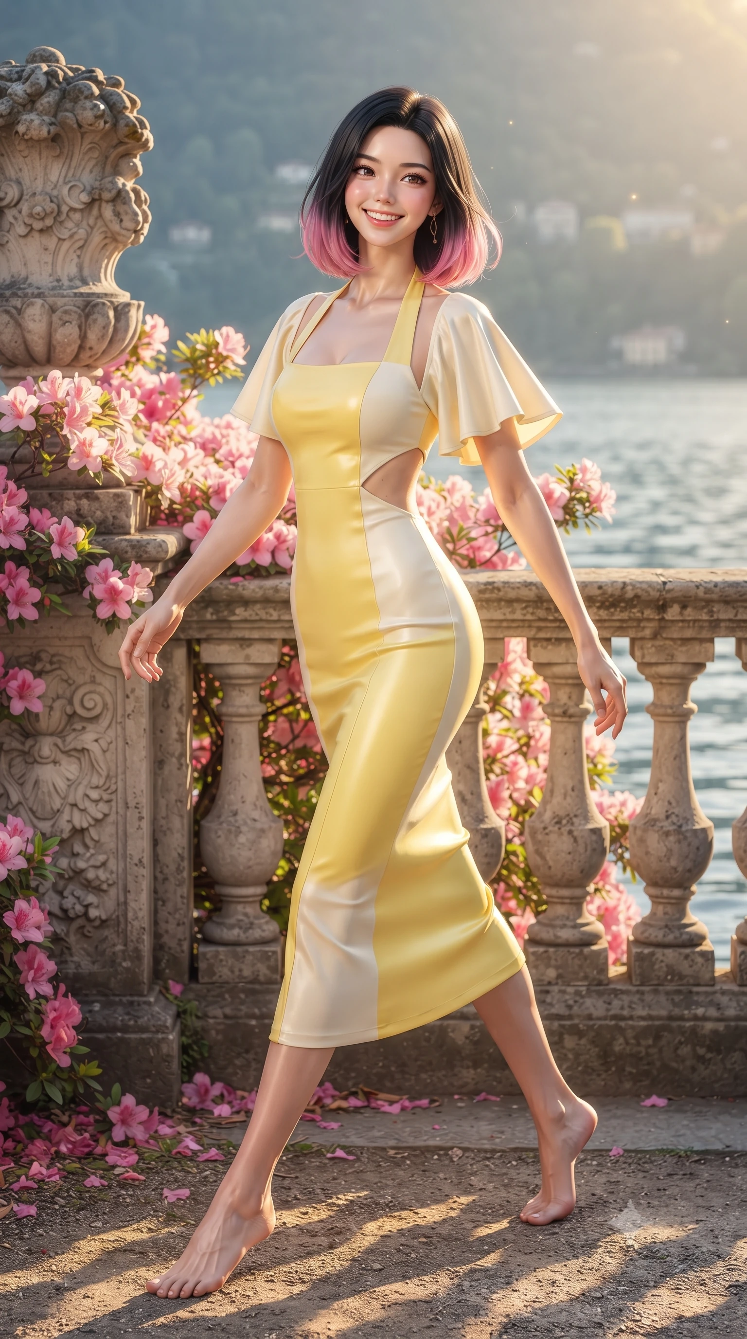 score_9, masterpiece, best quality, ultra-detailed, high-budget anime keyframe, editorial fashion photography, tasteful artistic composition, Korean woman. low angle full-body shot from head to toe showing her feet, filling the entire 9:16 vertical frame with her statuesque presence, stretching her vertical silhouette. stepping forward gracefully in mid-motion with a radiant beaming smile, hips swaying in an alluring kinetic rhythm that accentuates her curvy hourglass silhouette and long slender legs while standing beside the classical stone balustrade draped in blooming pink azaleas, arching her back as golden sunlight illuminates the crystal lake. The surrounding environment is rendered in vivid detail and crisp panoramic clarity. sharp classical stone balustrade carvings, azalea petal venation, and lake water caustics in deep focus. She has an exceptionally tall and slender model-like 8.5-heads proportion, an ultra-slim waist, a flat toned midriff, narrow delicate ribcage, and beautifully sculpted feminine hips creating a graceful, slim hourglass silhouette without any bulky heaviness, with impossibly long slender legs. sharp v-shaped jawline, high-bridge nose, intricate jewel-like sparkling eyes with depth, thick eyelashes, glossy parted lips with a natural peach sheen, bright cheerful beaming smile with an enchanting and coquettish sensual glint, exuding both youthful cute charm and seductive allure, flawlessly proportioned anatomical accuracy, strict slender model proportions, natural body alignment, perfectly sculpted long slender limbs, ultra-slim waistline, clean dynamic posture without body distortion. wearing a backless pastel halter sundress with side-waist diamond cutouts and an ultra-fitted hip-hugging silhouette in bright butter yellow and fresh cream white, crafted from soft breathable linen with effortless natural drape, featuring elegant flutter sleeves and a graceful square neckline, the form-fitting cut adhering flawlessly to her sculpted flat midriff and slender torso, emphasizing her long leg lines and perfectly proportioned willowy build. bathed in breathtaking golden hour afternoon Italian sunlight streaming across the lake. ultra-reflective glossy finish, specular highlights, rich textural contrasts, high-contrast stereoscopic depth, volumetric dynamic lighting, 2k, ultra detail, master piece, 9:16 ratio