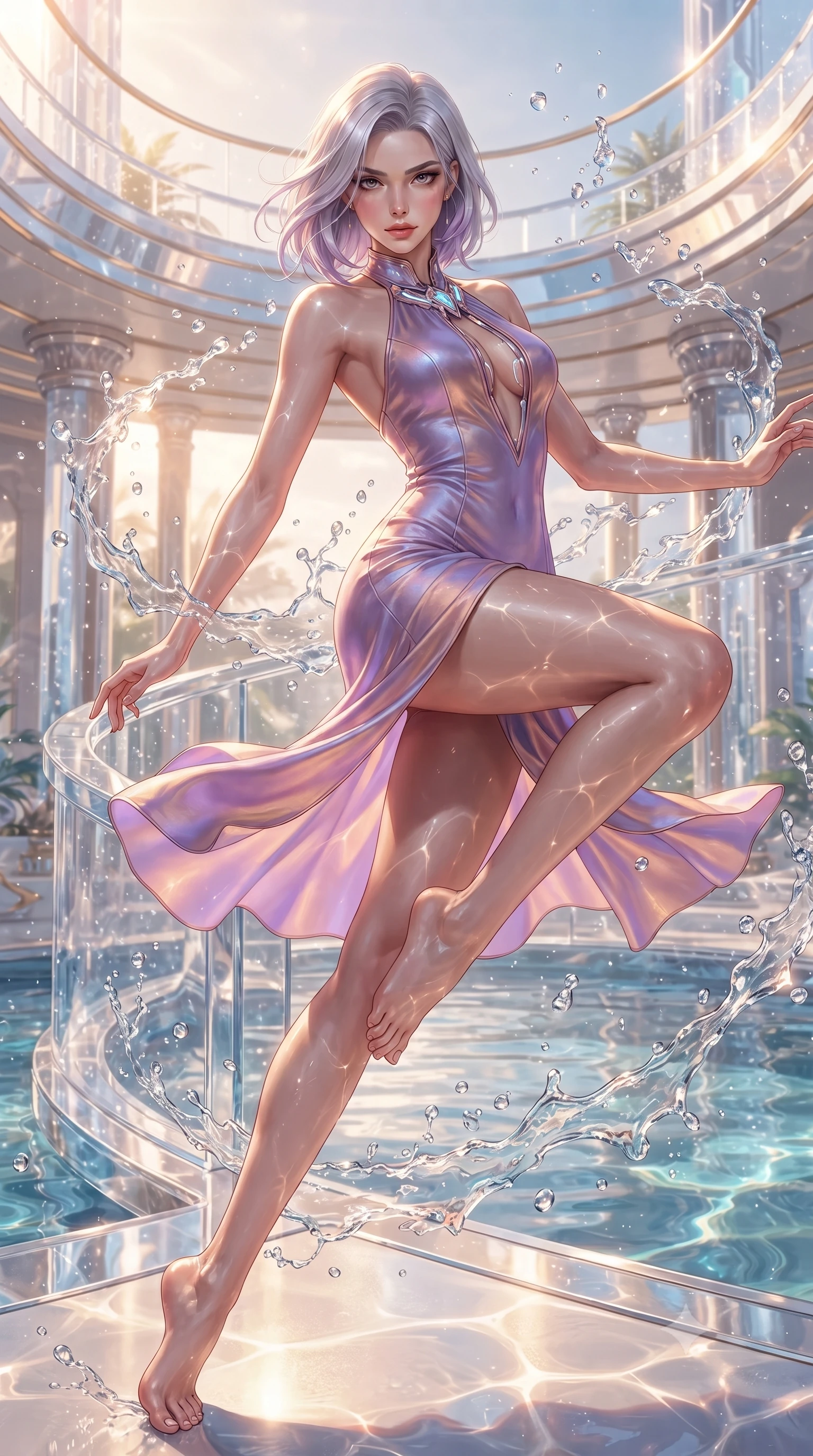 score_9, masterpiece, best quality, ultra-detailed, high-budget anime keyframe, editorial fashion photography, tasteful artistic composition, Caucasian woman. low angle full-body shot from head to toe showing her feet, filling the entire 9:16 vertical frame with her statuesque presence, stretching her vertical silhouette. performing an alluring mid-air vault with flawless poise, looking directly into the camera with smoldering intensity while leaning seductively against a curved crystal balustrade with sunlight reflecting off her glossy skin. The surrounding environment is rendered in vivid detail and crisp panoramic clarity. sharp water droplet splashes, architectural framing lines, and sunlit water reflections in high clarity. She has an absolutely perfect, statuesque 8.5-heads proportion, an exceptionally tall and slender model-like female figure with impossibly long slender legs, a toned flat midriff, and an ultra-slim waist. sharp v-shaped jawline, high-bridge nose, intricate jewel-like eyes with depth, thick eyelashes, glossy lips with a natural sheen, flawlessly proportioned anatomical accuracy, strict slender model proportions, natural body alignment, perfectly sculpted long slender limbs, ultra-slim waistline, clean dynamic posture without body distortion. wearing a velvet halter-neck midi dress fitting her statuesque contour flawlessly with a Tasteful chest slit and open spine in luminous lavender violet and rose gold, made of smooth iridescent silk chiffon that shifts colors with movement, featuring a dangerously unzipped neckline framed by glowing cybernetic accents, the liquid-tight tailored fabric emphasizing every curve of her tall, slender model proportions and sculptured silhouette during dynamic movement. bathed in warm champagne-gold sunbursts and sparkling aquatic water refractions. ultra-reflective glossy finish, specular highlights, metallic sheen, high-contrast stereoscopic depth, volumetric dynamic lighting, 2k, ultra detail, master piece, 9:16 ratio