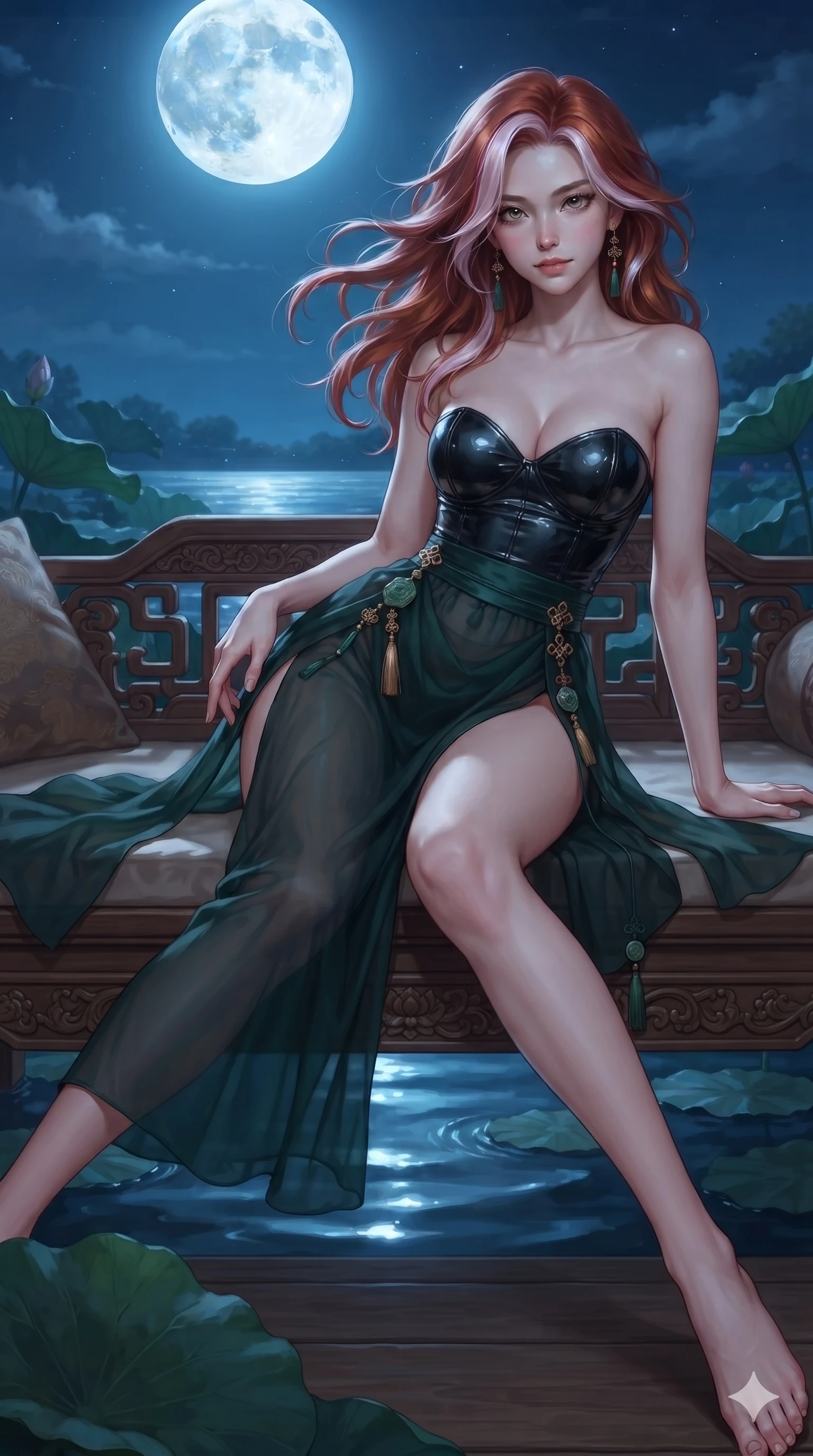 score_9, masterpiece, best quality, ultra-detailed, high-budget anime keyframe, editorial fashion photography, tasteful artistic composition, Caucasian woman. close-up cowboy shot from the waist and thighs up, the character dominates the composition, filling the frame with her large presence. turning slowly with an enchanting smoldering smile, her glossy hair tossing in the breeze as her hips angle gracefully in a captivating contrapposto while reclining gracefully across the carved teak daybed with one leg extended, her sculpted silhouette and flat midriff radiating nocturnal serenity. The surrounding environment is rendered in vivid detail and crisp panoramic clarity: sharp carved wood grain texture, water ripple reflections of the full moon, and crisp lotus leaf veins in deep focus. She has an exceptionally elegant, slender, and willowy female figure with an ultra-slim waist, flat toned midriff, narrow ribcage, and sculpted feminine hips creating an alluring, slim hourglass silhouette without bulk. sharp v-shaped jawline, high-bridge nose, sparkling eyes with hypnotic seductive depth, thick curled eyelashes, glossy parted lips with a natural dewy peach sheen, alluring bedroom-eyes with an enchanting coquettish smile, exuding magnetic siren charisma and sophisticated glamour, flawlessly proportioned anatomical accuracy, strict slender model proportions, natural body alignment, perfectly sculpted long slender limbs, ultra-slim waistline, clean dynamic posture without body distortion. wearing a strapless wet-look vinyl bustier paired with sheer chiffon high-slit wrap trousers revealing her long slender legs in dark emerald forest and brushed antique gold, made of liquid dark mercury jersey with seamless sculpting hold and fluid drape, finished with authentic carved jade pendants and traditional norigae knots, the liquid-tight tailored fabric clinging flawlessly to her narrow waist and rounded feminine hips, emphasizing every millimeter of her sculpted slim hourglass curves without any bulky heaviness. bathed in pure silver moonlight cascading directly from the harvest full moon above. ultra-reflective glossy finish, specular highlights, rich textural contrasts, high-contrast stereoscopic depth, volumetric dynamic lighting, 2k, ultra detail, master piece, 9:16 ratio