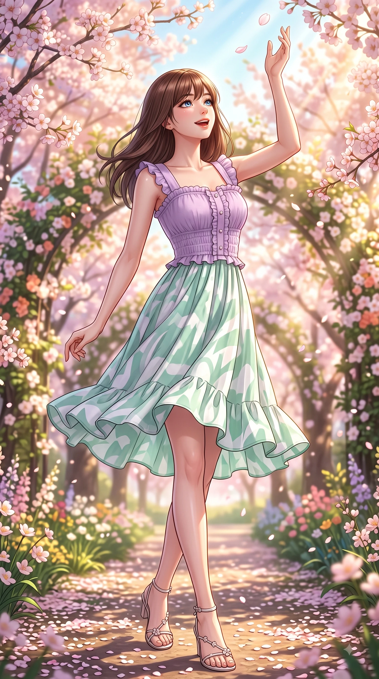score_9, masterpiece, best quality, ultra-detailed, high-budget anime keyframe, editorial fashion photography, tasteful artistic composition, Korean woman. low angle full-body shot from head to toe showing her feet, filling the entire 9:16 vertical frame with her statuesque presence, stretching her vertical silhouette. pivoting dynamically with a fresh infectious smile, her ultra-slim waist creating a sweeping fluid curve while reaching her hand up playfully to catch a floating blossom petal with a joyful expression. The surrounding environment is rendered in vivid detail and crisp panoramic clarity. vibrant spring sunlight scattering through blooming flower arches with high environmental clarity. She has an absolutely perfect, statuesque 8.5-heads proportion, an exceptionally tall and slender model-like female figure with impossibly long slender legs and an ultra-slim waist. sharp v-shaped jawline, high-bridge nose, intricate jewel-like eyes with depth, thick eyelashes, glossy lips with a natural sheen, flawlessly proportioned anatomical accuracy, natural body alignment, perfectly sculpted elegant limbs, clean dynamic posture without body distortion. wearing a romantic lilac square-neck sundress with soft smocked bodice and fluttery hem in refreshing mint green and crisp white, crafted from soft breathable linen, finished with subtle ruffle trims and delicate pearl buttons, the chic real-way fashion cut emphasizing her effortless charm. surrounded by a fresh, sweet, and nostalgic spring park atmosphere. highly saturated vibrant anime colors, detailed shading with soft gradients, rich glossy textures, high-contrast stereoscopic depth, volumetric dynamic lighting, master piece, 9:16 ratio
