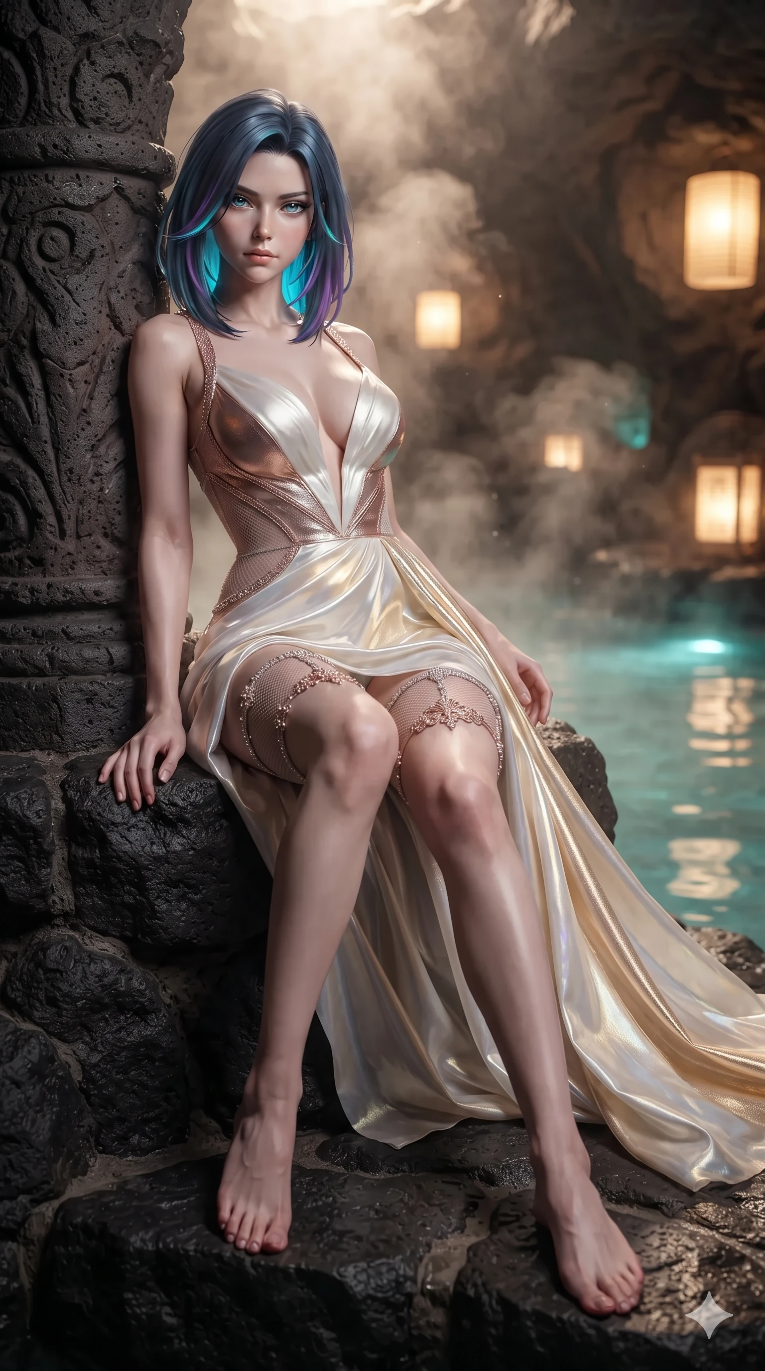 score_9, masterpiece, best quality, ultra-detailed, high-budget anime keyframe, editorial fashion photography, tasteful artistic composition, Caucasian woman. low angle full-body shot from head to toe showing her feet, filling the entire 9:16 vertical frame with her statuesque presence, stretching her vertical silhouette. sitting on the black basalt rock rim of the steaming geothermal lagoon, water droplets beading on her flat midriff and curvy hips while leaning against the carved volcanic column with hips cocked back, casting an alluring bedroom-gaze through rising mineral steam motes. The background shows a soft-focus subterranean spa humidity softened in basalt thermal grotto shallow focus. She has an exceptionally tall and slender model-like 8.5-heads proportion, an ultra-slim waist, a flat toned midriff, narrow delicate ribcage, and beautifully sculpted feminine hips creating a graceful, slim hourglass silhouette without any bulky heaviness, with impossibly long slender legs. sharp v-shaped jawline, high-bridge nose, intricate jewel-like sparkling eyes with depth, thick eyelashes, glossy parted lips with a natural sheen, intensely captivating and seductive bedroom-eyes expression, exuding both youthful cute charm and sovereign luxury allure, flawlessly proportioned anatomical accuracy, strict slender model proportions, natural body alignment, perfectly sculpted long slender limbs, ultra-slim waistline, clean dynamic posture without body distortion. wearing an alluring plunging sweetheart bodice dress with sheer mesh side-waist cutouts contouring her ribs in celestial porcelain white and rose-gold, crafted from luxurious metallic lamé that shifts radiance with every step, finished with delicate crystal-encrusted thigh garter straps glinting in the dim light, the bespoke structured tailoring following the natural line of her 8.5-heads silhouette with refined elegance. bathed in the rich, intimate 2400K golden radiance of floating washi paper lanterns and underwater pool glow. ultra-reflective glossy finish, specular highlights, rich textural contrasts, high-contrast stereoscopic depth, volumetric dynamic lighting, 2k, ultra detail, master piece, 9:16 ratio
