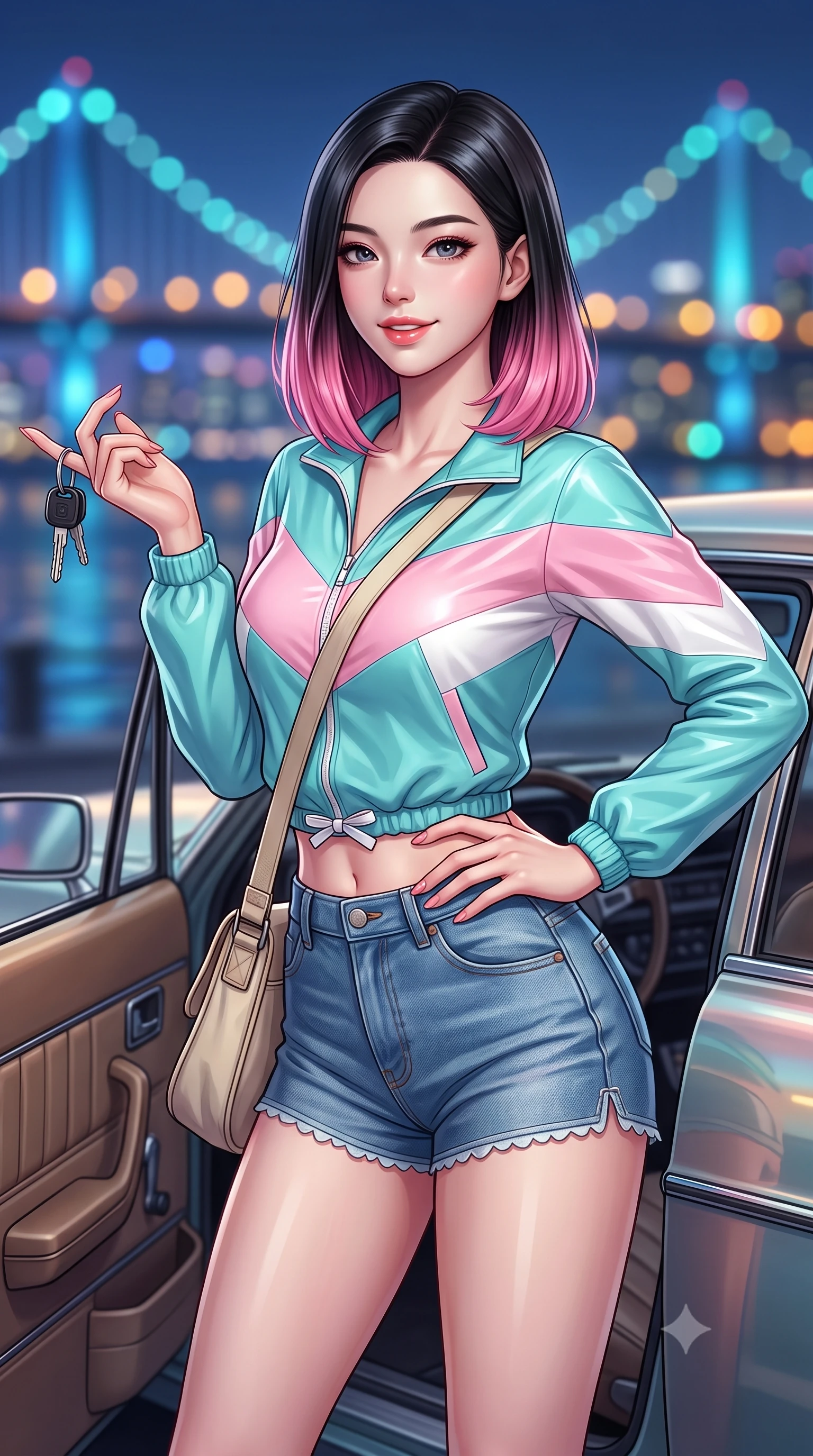 score_9, masterpiece, best quality, ultra-detailed, high-budget anime keyframe, semi-realistic 3D game render, editorial fashion photography, tasteful artistic composition, Korean woman. close-up cowboy shot from the waist and thighs up, the character dominates the composition, filling the frame with her large presence. smiling with subtle, enchanting allure and glossy parted lips, one hand resting on her waist with effortless supermodel poise while pivoting dynamically beside the car door with keys swinging from her finger and a confident, carefree retro smile. The composition keeps background elements in soft focus with creamy bokeh. distant city harbor skylines and suspension bridge cable lights blurred into soft sapphire, amber, and turquoise bokeh. She has an exceptionally elegant, slender, and willowy female figure with an ultra-slim waist, a gracefully sculpted slender torso, toned flat midriff, and a refined slim silhouette. sharp v-shaped jawline, high-bridge nose, intricate jewel-like eyes with depth, thick eyelashes, glossy lips with a natural sheen, captivating and magnetic expression, flawlessly proportioned anatomical accuracy, strict slender model proportions, natural body alignment, perfectly sculpted long slender limbs, ultra-slim waistline, clean dynamic posture without body distortion. wearing a retro pastel colorblock windbreaker paired with high-waisted denim shorts and a canvas crossbody bag in retro turquoise, baby pink, and white, knitted from soft cozy lambswool yarn with cable-knit textures, finished with a dainty waist ribbon bow and scalloped hemline trims, the glove-like aerodynamic second-skin fit tightly clinging to her ultra-slender waist and athletic curves without adding bulk, accentuating her razor-sharp statuesque lines and slim hourglass silhouette. illuminated by crisp metallic reflections tracing her ultra-slim waistline, collarbones, and long legs. highly saturated vibrant anime colors, detailed shading with soft gradients, rich glossy textures, high-contrast stereoscopic depth, volumetric dynamic lighting, master piece, 9:16 ratio