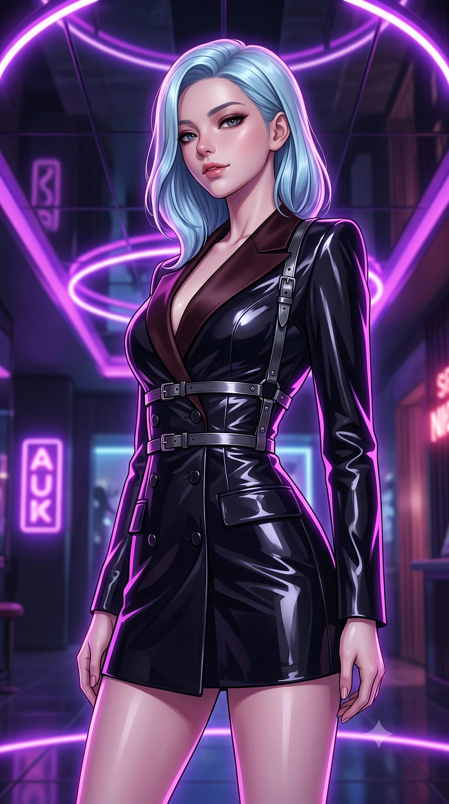 score_9, masterpiece, best quality, ultra-detailed, high-budget anime keyframe, editorial fashion photography, tasteful artistic composition, Korean woman. close-up cowboy shot from the waist and thighs up, the character dominates the composition, filling the frame with her large presence, background elements kept in soft focus. Glancing sidelong over her shoulder with a smoldering, enigmatic half-smile, standing under a mirror ceiling reflecting glowing violet and magenta neon arcs, high-contrast gloss and matte textures glinting under specular neon lights. She has an exceptionally elegant, slender, and willowy female figure with an ultra-slim waist, a gracefully sculpted slender torso, and a refined silhouette. sharp v-shaped jawline, high-bridge nose, intricate jewel-like eyes with depth, thick eyelashes, glossy lips with a natural sheen. wearing tailored double-breasted obsidian blazer dress with silk lapels in dark mahogany, made of high-gloss liquid vinyl, highlighted by a gunmetal metallic harness structure, following her slender form with tailored precision. surrounded by a moody neon glow with sharp edge highlights on dark vinyl. highly saturated vibrant anime colors, detailed shading with soft gradients, rich glossy textures, high-contrast stereoscopic depth, volumetric dynamic lighting, master piece, 9:16 ratio