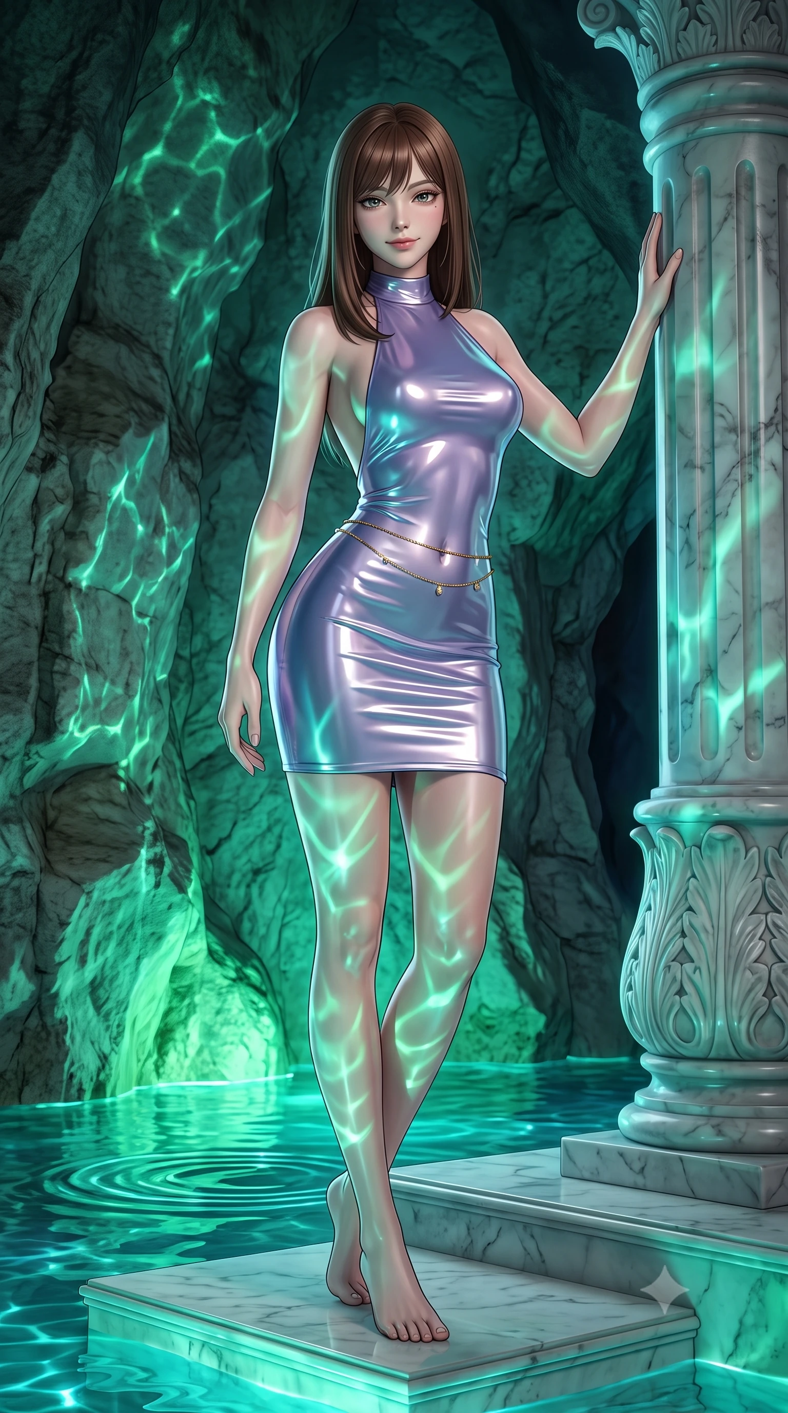 score_9, masterpiece, best quality, ultra-detailed, high-budget anime keyframe, semi-realistic 3D game render, editorial fashion photography, tasteful artistic composition, Korean woman. low angle full-body shot from head to toe showing her feet, filling the entire 9:16 vertical frame with her statuesque presence, stretching her vertical silhouette. standing tall beside the architectural column, one hand resting high while arching her lower back to emphasize her sculpted feminine hips and slender waist while twisting her slender torso in an alluring contrapposto stance, bioluminescent green water reflections dancing hypnotic patterns across her curves. The surrounding environment is rendered in vivid detail and crisp panoramic clarity: sharp limestone cave wall textures, water ripple meniscus clarity, and carved marble platform edge in deep focus. She has an absolutely perfect, statuesque 8.5-heads proportion, an exceptionally tall and slender model-like female figure with impossibly long slender legs, an ultra-slim waist, a flat toned midriff, narrow delicate ribcage, and beautifully sculpted feminine hips creating a graceful, slim hourglass silhouette without any bulky heaviness. sharp v-shaped jawline, high-bridge nose, sparkling eyes with hypnotic seductive depth, thick curled eyelashes, glossy parted lips with a natural dewy peach sheen, alluring bedroom-eyes with an enchanting coquettish smile, exuding magnetic siren charisma and sophisticated glamour, flawlessly proportioned anatomical accuracy, strict slender model proportions, natural body alignment, perfectly sculpted long slender limbs, ultra-slim waistline, clean dynamic posture without body distortion. wearing a backless halterneck column mini dress in shimmering liquid vinyl clinging like a second skin in dusk lavender and iridescent silver, crafted from wet-look high-gloss vinyl fabric with dazzling specular surface reflections, accented with a dainty gold belly chain resting across her flat midriff and curving hips, the form-contouring silhouette accentuating her sculpted flat midriff, narrow delicate ribcage, and gracefully curvy hips with intoxicating allure. bathed in supernatural glowing emerald and aquamarine light radiating upward from bioluminescent cave waters. highly saturated vibrant anime colors, detailed shading with soft gradients, rich glossy textures, high-contrast stereoscopic depth, volumetric dynamic lighting, master piece, 9:16 ratio