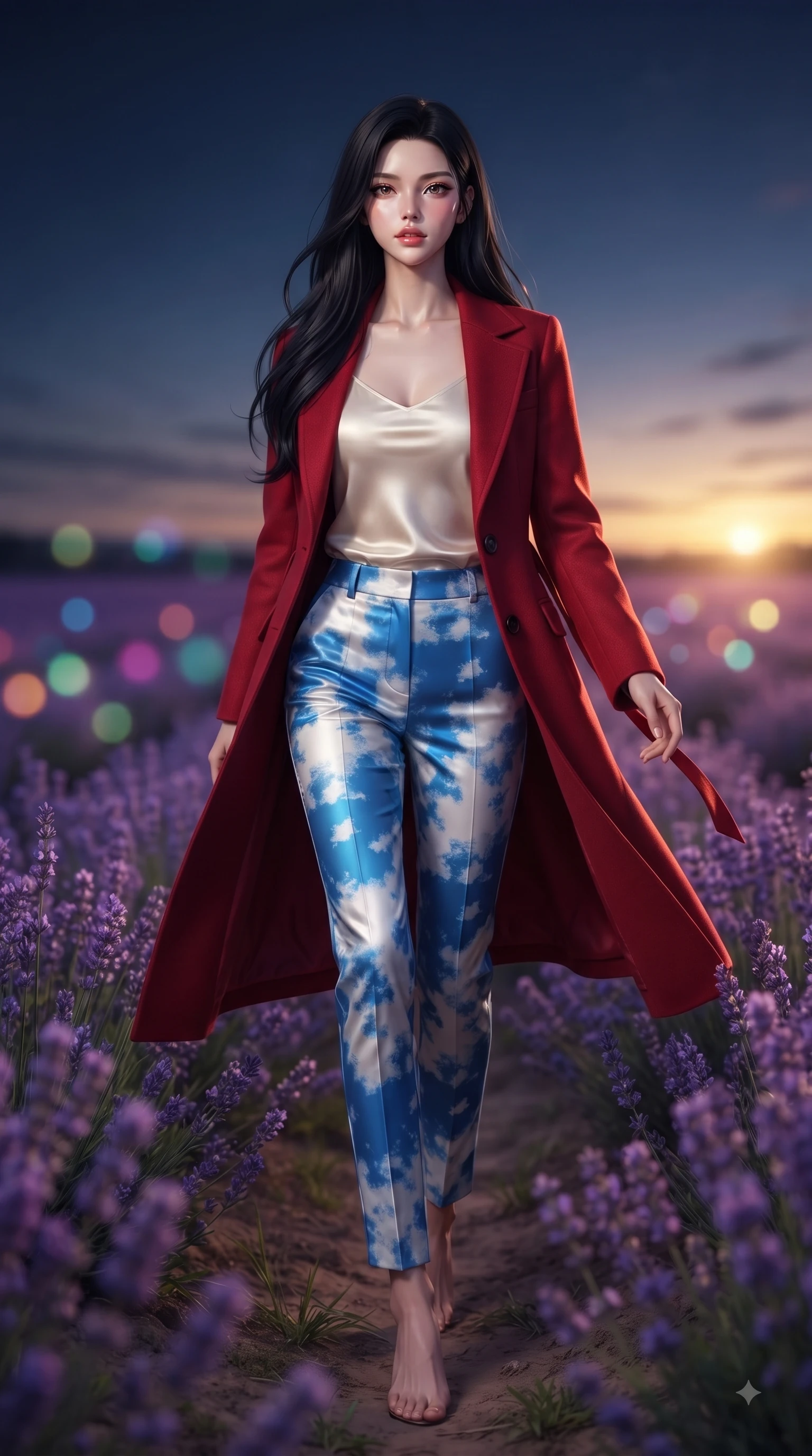 score_9, masterpiece, best quality, ultra-detailed, high-budget anime keyframe, editorial fashion photography, tasteful artistic composition, Korean woman. low angle full-body shot from head to toe showing her feet, filling the entire 9:16 vertical frame with her statuesque presence, stretching her vertical silhouette. Radiant anticipation in her face, glowing with hopeful curiosity and warm expectant energy while walking gracefully through an endless field of blooming purple lavender under a twilight sky. The composition keeps background elements in soft focus with dreamy bokeh. vibrant floral fields blurring into a romantic, painting-like background backdrop. She has an absolutely perfect, statuesque 8.5-heads proportion, an exceptionally tall and slender model-like female figure with impossibly long slender legs and an ultra-slim waist. sharp v-shaped jawline, high-bridge nose, intricate jewel-like eyes with depth, thick eyelashes, glossy lips with a natural sheen, flawlessly proportioned anatomical accuracy, natural body alignment, perfectly sculpted elegant limbs, clean dynamic posture without body distortion. wearing a tailored crimson red wool coat over a fitted ivory silk top and tailored trousers in electric azure blue and cloud white, tailored from crisp high-density cotton poplin, accented with a delicate side waist sash creating fluid lines, the sleek second-skin fit accentuating her magnetic presence. bathed in ethereal twilight glow and warm golden sunset horizon light. ultra-reflective glossy finish, specular highlights, metallic sheen, high-contrast stereoscopic depth, volumetric dynamic lighting, 2k, ultra detail, master piece, 9:16 ratio