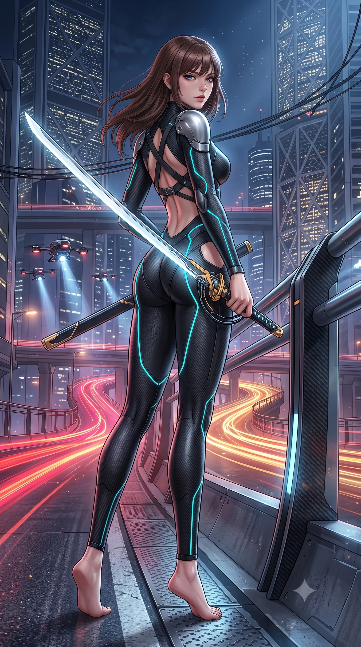 score_9, masterpiece, best quality, ultra-detailed, high-budget anime keyframe, semi-realistic 3D game render, editorial fashion photography, tasteful artistic composition, Korean woman. low angle full-body shot from head to toe showing her feet, filling the entire 9:16 vertical frame with her statuesque presence, stretching her vertical silhouette. pivoting dynamically in mid-motion with a breathtakingly alluring posture, displaying her flawless model proportions, toned flat midriff, and ultra-slim waist while leaning against a sleek highway divider barrier with blades resting at her sides, looking into the lens with a dangerous smolder. The surrounding environment is rendered in vivid detail and crisp panoramic clarity. intricate hilt power cables, hovering traffic drones, and skyscraper facade lattices in high clarity. She has an absolutely perfect, statuesque 8.5-heads proportion, an exceptionally tall and slender model-like female figure with impossibly long slender legs, a toned flat midriff, and an ultra-slim waist. sharp v-shaped jawline, high-bridge nose, intricate jewel-like eyes with depth, thick eyelashes, glossy lips with a natural sheen, flawlessly proportioned anatomical accuracy, strict slender model proportions, natural body alignment, perfectly sculpted long slender limbs, ultra-slim waistline, clean dynamic posture without body distortion. wearing an aerodynamic matte-black carbon-fiber bodysuit with glowing neon cyan conduit lines, reinforced by polished titanium pauldrons, wielding a sleek holographic plasma katana with a brilliant energy blade in arctic white carbon composite with radiant solar gold plating, crafted from ultra-strong woven carbon-fiber composite with a satin luster, complemented by criss-cross back harness straps highlighting her completely bare spine, the precision-cut daring openings accentuating her delicate midriff, graceful bare collarbones, and ultra-slim feminine waistline. bathed in blazing neon crimson and golden traffic trail backlighting with crisp streetlamp fill. rich saturated anime colors with glowing neon highlights, detailed shading with soft gradients, rich glossy textures, high-contrast stereoscopic depth, volumetric dynamic lighting, master piece, 9:16 ratio