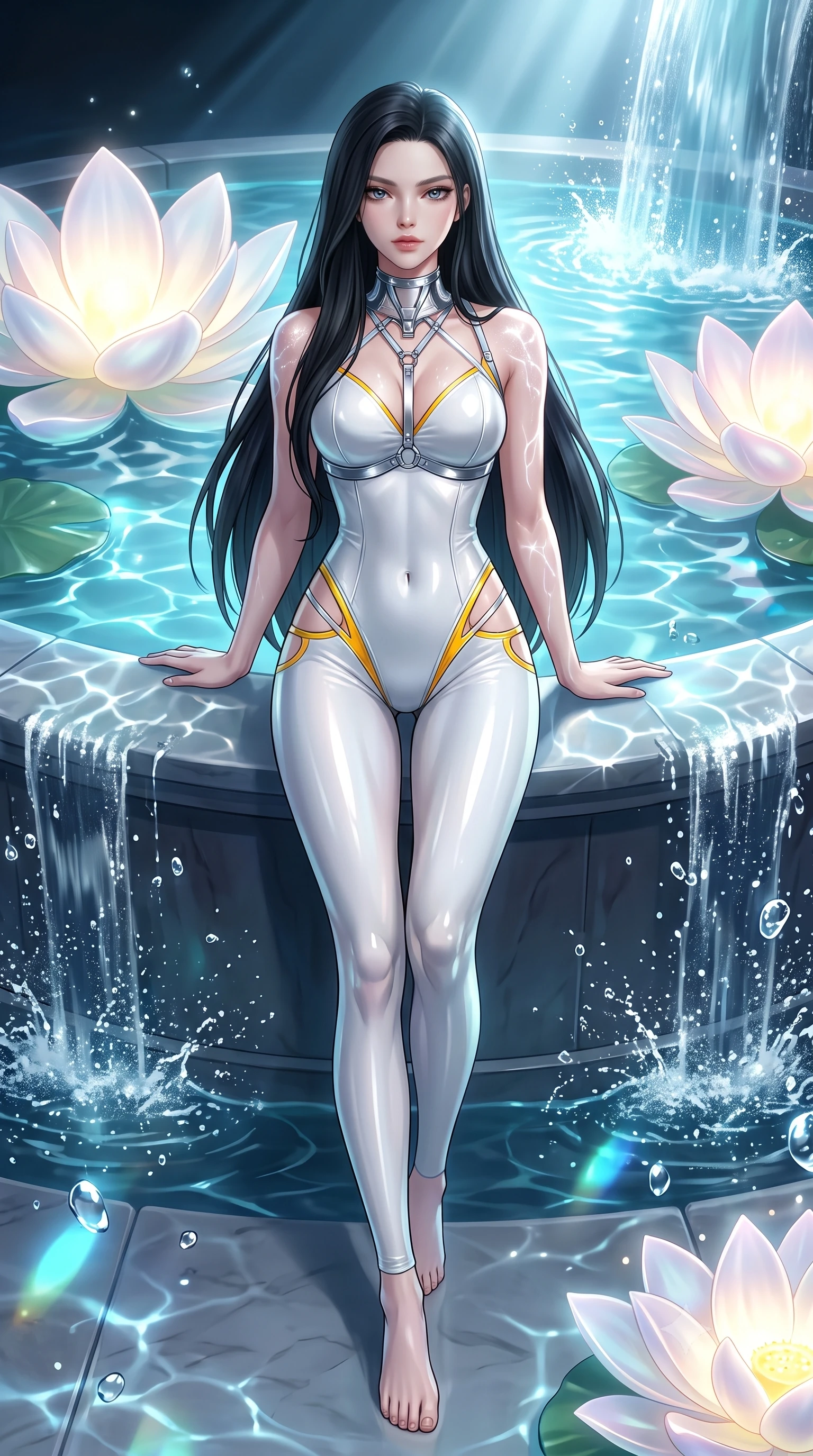 score_9, masterpiece, best quality, ultra-detailed, high-budget anime keyframe, semi-realistic 3D game render, editorial fashion photography, tasteful artistic composition, Korean woman. low angle full-body shot from head to toe showing her feet, filling the entire 9:16 vertical frame with her statuesque presence, stretching her vertical silhouette. striding forward in a proud, statuesque motion with a dangerous smolder, her vertical silhouette dominating the frame from head to toe while reclining along the edge of a sacred pool as gigantic glowing pearl lotus petals ripple light across her bare shoulders. The surrounding environment is rendered in vivid detail and crisp panoramic clarity. sharp water droplet splashes, cascading waterfall spray textures, and glowing moonbeams in high resolution. She has an absolutely perfect, statuesque 8.5-heads proportion, an exceptionally tall and slender model-like female figure with impossibly long slender legs, a toned flat midriff, and an ultra-slim waist. sharp v-shaped jawline, high-bridge nose, intricate jewel-like eyes with depth, thick eyelashes, glossy lips with a natural sheen, flawlessly proportioned anatomical accuracy, strict slender model proportions, natural body alignment, perfectly sculpted long slender limbs, ultra-slim waistline, clean dynamic posture without body distortion. wearing a second-skin white liquid-mercury micro-bodysuit sculpted tightly to her slender build, featuring razor-thin metallic straps and hip cutouts in vibrant sunburst canary yellow and gold trim, formed from high-gloss patent material with specular light reflections, reinforced by a sleek metallic chrome harness and delicate glowing micro-straps, the glove-like aerodynamic second-skin fit tightly clinging to her ultra-slender waist and athletic curves without adding bulk, accentuating her razor-sharp statuesque lines and slim hourglass silhouette. bathed in brilliant silver moonlight backlighting and glowing cyan water refractions. highly saturated vibrant anime colors, detailed shading with soft gradients, rich glossy textures, high-contrast stereoscopic depth, volumetric dynamic lighting, master piece, 9:16 ratio