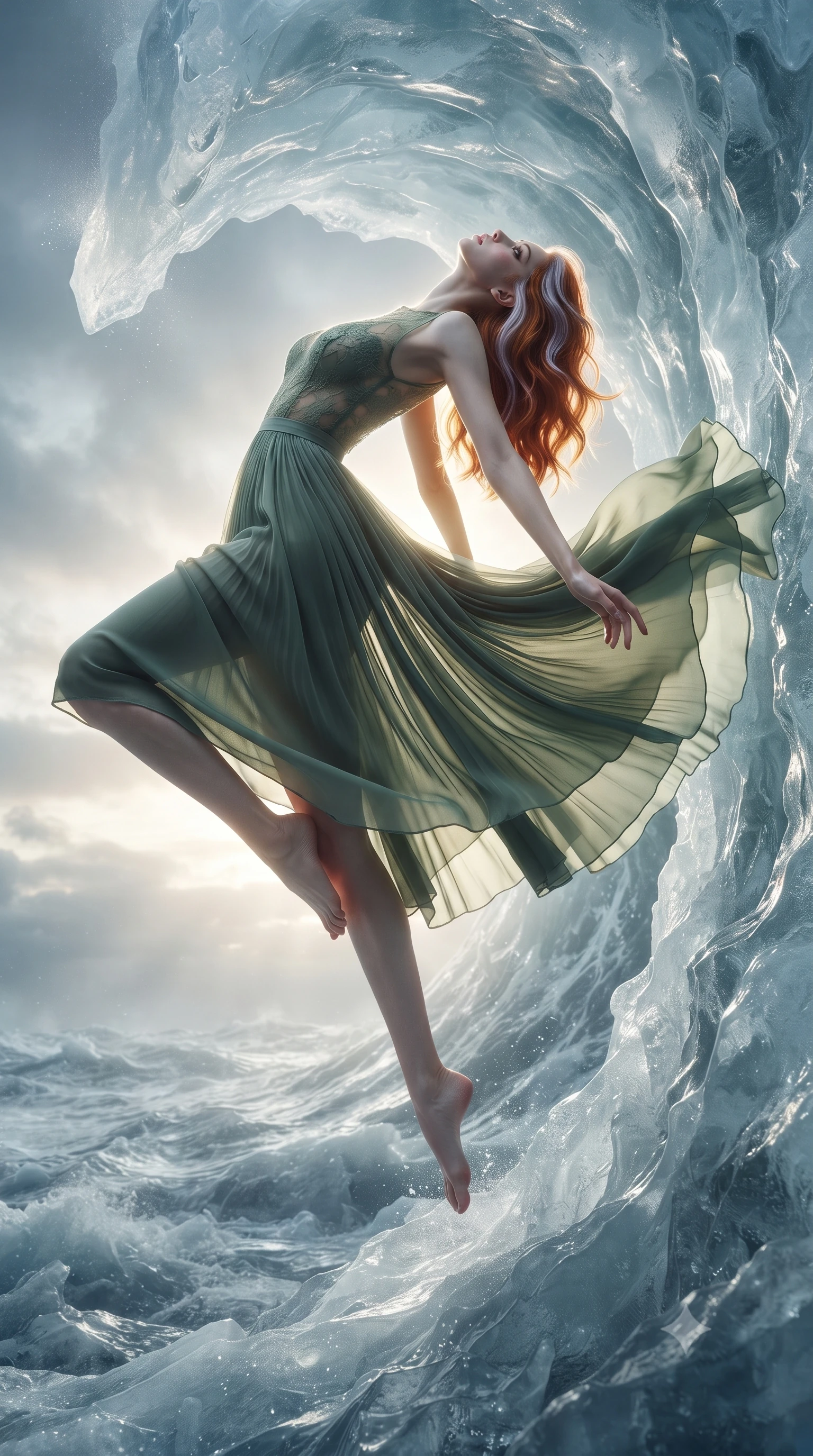 score_9, masterpiece, best quality, ultra-detailed, high-budget anime keyframe, editorial fashion photography, tasteful artistic composition, realistic cosplay photography, Caucasian woman, strictly human ears. low angle full-body shot from head to toe showing her feet, filling the entire 9:16 vertical frame with her statuesque presence, stretching her vertical silhouette. performing a gravity-defying backflip off a wall with weightless ease within the crest of a massive tidal wave instantly frozen in ice, overlooking a stormy ocean frozen in mid-motion. She has a statuesque 8.5-heads proportion, an exceptionally tall, slender and willowy model-like build with impossibly long legs and a highly sculpted ultra-slim waist. sharp v-shaped jawline, high-bridge nose, intricate jewel-like eyes with depth, thick eyelashes, glossy lips with a natural sheen. wearing the lightweight fabric rippling and billowing dramatically with her movement, a form-contouring flowing midi dress in sage green featuring a sheer lace-overlay bodice and a soft pleated chiffon skirt. dramatic backlight creating a radiant halo effect around her entire silhouette. ultra-reflective glossy finish, specular highlights, metallic sheen, high-contrast stereoscopic depth, volumetric dynamic lighting, 2k, ultra detail, master piece, 9:16 ratio