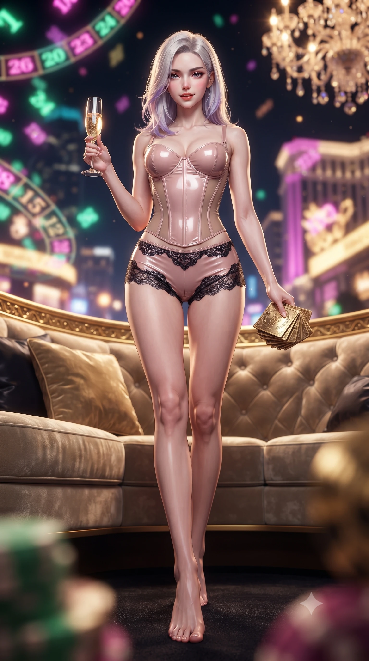 score_9, masterpiece, best quality, ultra-detailed, high-budget anime keyframe, editorial fashion photography, tasteful artistic composition, Caucasian woman. low angle full-body shot from head to toe showing her feet, filling the entire 9:16 vertical frame with her statuesque presence, stretching her vertical silhouette. stepping slowly toward the camera with hypnotic grace, hips swaying in an alluring sensual rhythm that accentuates her curvy hourglass silhouette and long slender legs while lounging in the gold-trimmed VIP banquette propped on one elbow, holding a champagne flute with effortless sovereign gambler cool. The background shows a soft-focus floating neon holographic roulette numbers, towering mega-resort neon facades outside, and crystal chandeliers blurred into emerald, magenta, and gold bokeh. She has an absolutely perfect, statuesque 8.5-heads proportion, an exceptionally tall and slender model-like female figure with impossibly long slender legs, an ultra-slim waist, a flat toned midriff, narrow delicate ribcage, and beautifully sculpted feminine hips creating a graceful, slim hourglass silhouette without any bulky heaviness. sharp v-shaped jawline, high-bridge nose, sparkling eyes with hypnotic seductive depth, thick curled eyelashes, glossy parted lips with a natural dewy peach sheen, alluring bedroom-eyes with an enchanting coquettish smile, exuding magnetic siren charisma and sophisticated glamour, flawlessly proportioned anatomical accuracy, strict slender model proportions, natural body alignment, perfectly sculpted long slender limbs, ultra-slim waistline, clean dynamic posture without body distortion. wearing a structured boned satin corset bodice with sheer illusion side panels paired with low-waisted tailored micro-shorts in dusky blush rose and antique black chantilly lace, crafted from wet-look high-gloss vinyl fabric with dazzling specular surface reflections, accented with a stack of engraved gold casino plaques held loosely in one hand, the precision-cut side openings and low-back scoop framing her graceful spine and the sensual sweep of her slim, toned hips. illuminated by city skyline neon reflections and sharp warm-gold rim lights sculpting her razor-sharp jawline, narrow waist, and curvy hips. ultra-reflective glossy finish, specular highlights, rich textural contrasts, high-contrast stereoscopic depth, volumetric dynamic lighting, 2k, ultra detail, master piece, 9:16 ratio