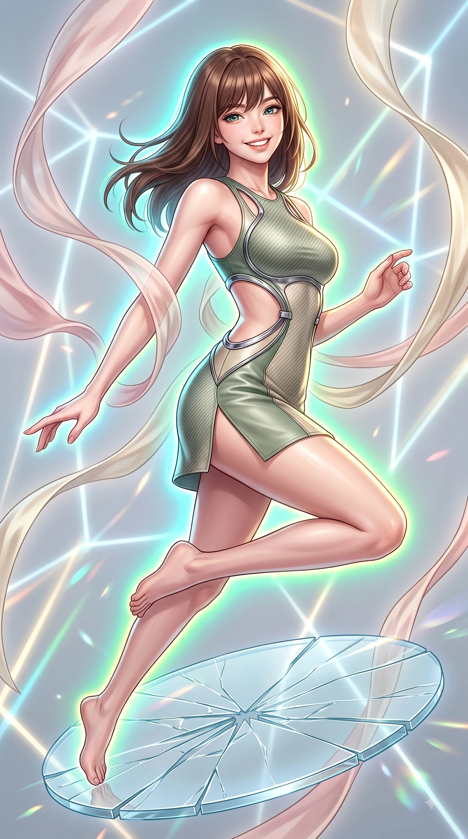 score_9, masterpiece, best quality, ultra-detailed, high-budget anime keyframe, editorial fashion photography, tasteful artistic composition, Korean woman. close-up cowboy shot from the waist and thighs up, the character dominates the composition, filling the frame with her large presence, background elements kept in soft focus. Radiant bright smile with sparkling eyes directed right into the lens, her torso turning in a dynamic S-curve alignment while leaping across a floating glass disk inside a geometric light matrix with a beaming face, translucent silk ribbons swirling around her figure like bright streams. She has an exceptionally elegant, slender, and willowy female figure with an ultra-slim waist, a gracefully sculpted slender torso, and a refined silhouette. sharp v-shaped jawline, high-bridge nose, intricate jewel-like eyes with depth, thick eyelashes, glossy lips with a natural sheen, flawlessly proportioned anatomical accuracy, natural body alignment, perfectly sculpted elegant limbs, clean dynamic posture without body distortion. wearing a dramatic open-waist cutout mini dress framed by sculptural hardware in sage green and oatmeal, made of fine carbon-fiber weave and soft matte leather, finished with a sleek side slit ascending to mid-thigh, the glove-like fit emphasizing her statuesque silhouette during motion. surrounded by a vibrant fluorescent aura with bright specular rim lights. highly saturated vibrant anime colors, detailed shading with soft gradients, rich glossy textures, high-contrast stereoscopic depth, volumetric dynamic lighting, master piece, 9:16 ratio