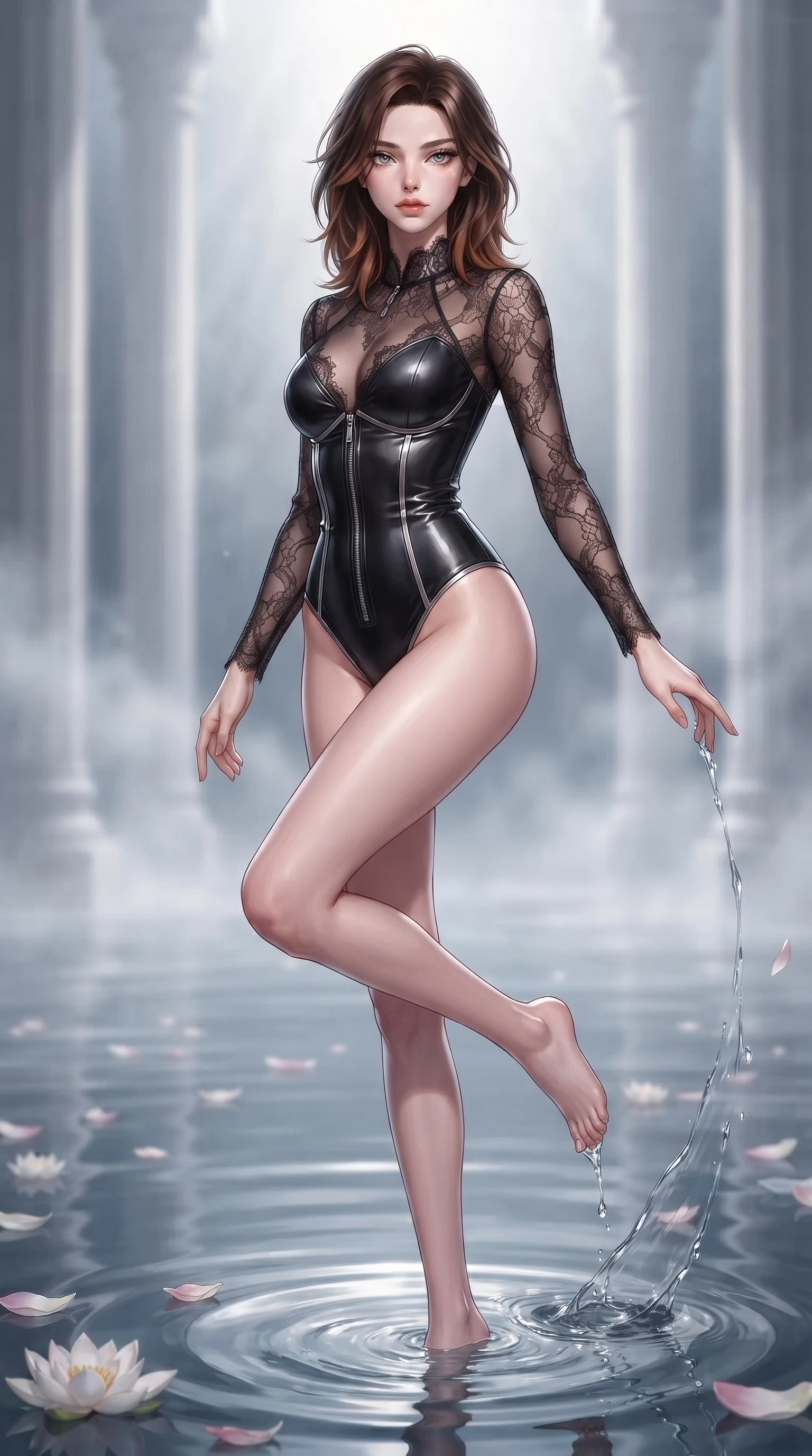score_9, masterpiece, best quality, ultra-detailed, high-budget anime keyframe, editorial fashion photography, tasteful artistic composition, Korean woman. low angle full-body shot from head to toe showing her feet, filling the entire 9:16 vertical frame with her statuesque presence, stretching her vertical silhouette. stepping gracefully through the luxurious environment, stretching her statuesque silhouette, immersed to the waist in a mirror-still pool as lotus petals drift around her, alabaster columns framed by gentle water vapor in soft background focus. She has an absolutely perfect, statuesque 8.5-heads proportion, an exceptionally tall and slender model-like female figure with impossibly long slender legs and an ultra-slim waist. sharp v-shaped jawline, high-bridge nose, intricate jewel-like eyes with depth, thick eyelashes, glossy lips with a natural sheen. wearing sheer midnight lace overlay bodysuit with delicate sheer cutouts in dark mahogany, made of polished black leather, finished with metallic silver boning and sleek zipper points, following her slender form with tailored precision. lit by clear moonbeam key rays casting soft graceful shadows. ultra-reflective glossy finish, specular highlights, metallic sheen, high-contrast stereoscopic depth, volumetric dynamic lighting, 2k, ultra detail, master piece, 9:16 ratio