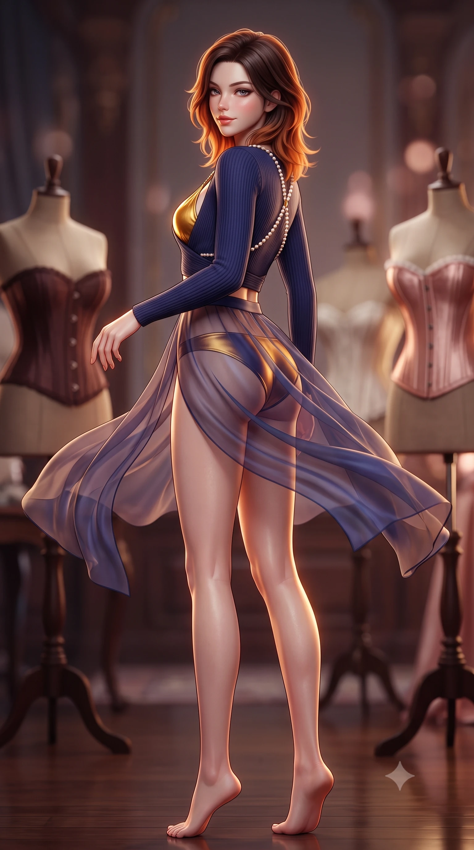 score_9, masterpiece, best quality, ultra-detailed, high-budget anime keyframe, semi-realistic 3D game render, editorial fashion photography, tasteful artistic composition, Korean woman. low angle full-body shot from head to toe showing her feet, filling the entire 9:16 vertical frame with her statuesque presence, stretching her vertical silhouette. executing a slow, graceful pivot turn as her skirt sways around her slender legs, glancing back with an enchanting, teasing sensual expression while twisting her slender torso in an alluring contrapposto stance, sheer silk fabric rolls draping around her narrow waist and curvy hips. The background shows a soft-focus antique mannequin silhouettes wearing Victorian opera corsets and rolls of vintage brocade blurred into mahogany, cream, and rose-gold bokeh. She has an absolutely perfect, statuesque 8.5-heads proportion, an exceptionally tall and slender model-like female figure with impossibly long slender legs, an ultra-slim waist, a flat toned midriff, narrow delicate ribcage, and beautifully sculpted feminine hips creating a graceful, slim hourglass silhouette without any bulky heaviness. sharp v-shaped jawline, high-bridge nose, sparkling eyes with hypnotic seductive depth, thick curled eyelashes, glossy parted lips with a natural dewy peach sheen, alluring bedroom-eyes with an enchanting coquettish smile, exuding magnetic siren charisma and sophisticated glamour, flawlessly proportioned anatomical accuracy, strict slender model proportions, natural body alignment, perfectly sculpted long slender limbs, ultra-slim waistline, clean dynamic posture without body distortion. wearing a form-contouring ribbed knit dancer wrap top worn over a plunging silk bralette and low-rise satin briefs in molten liquid gold and midnight indigo, woven from buttery-soft stretch lambskin leather adhering to her body like a second skin, accented with a pearl-drop body harness subtly framing her dewy collarbones and spine, the form-contouring silhouette accentuating her sculpted flat midriff, narrow delicate ribcage, and gracefully curvy hips with intoxicating allure. illuminated by polished table reflection fill and sharp warm-gold rim lights defining her razor-sharp jawline, narrow waist, and curvy hips. highly saturated vibrant anime colors, detailed shading with soft gradients, rich glossy textures, high-contrast stereoscopic depth, volumetric dynamic lighting, master piece, 9:16 ratio