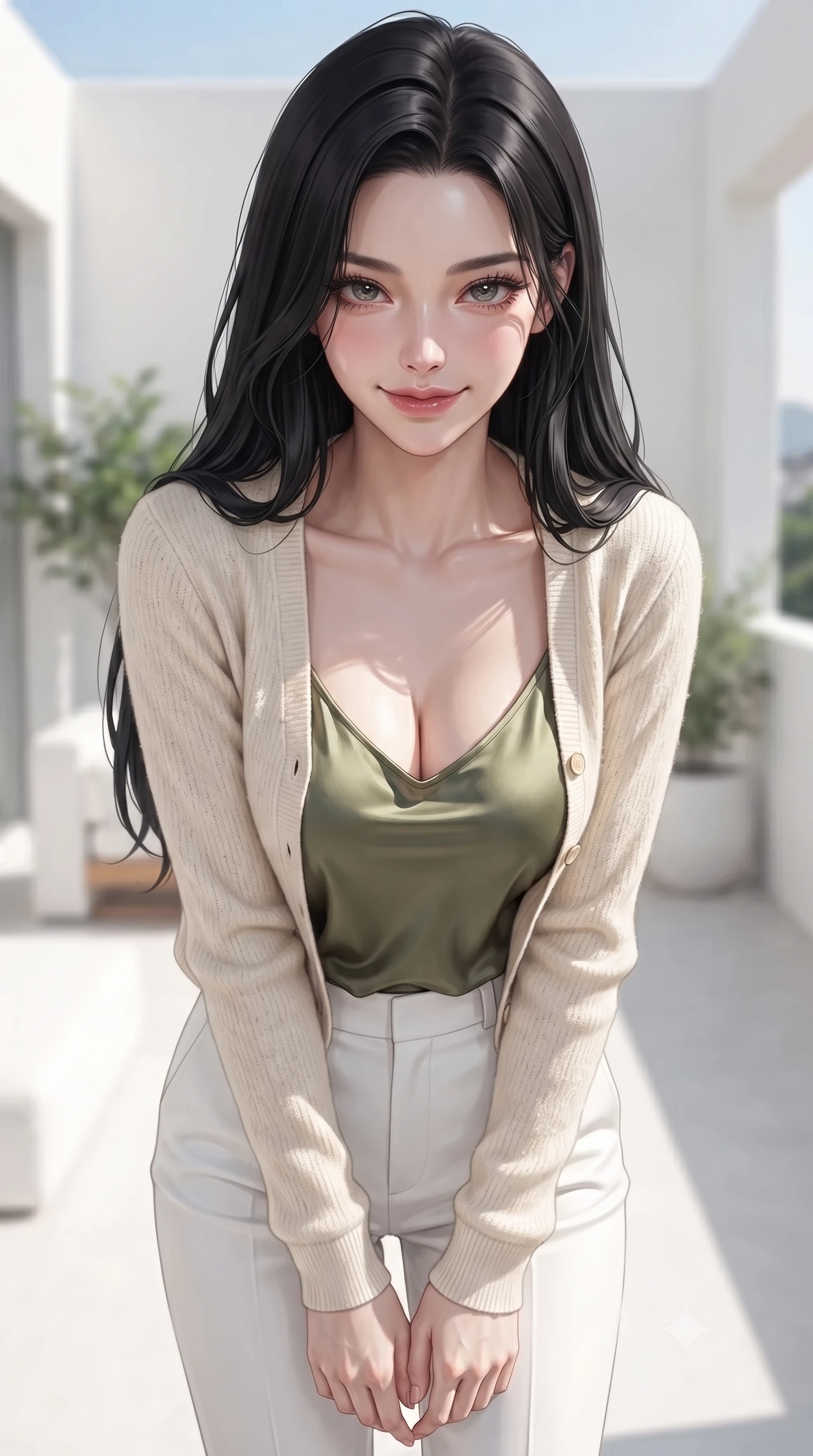 score_9, masterpiece, best quality, ultra-detailed, high-budget anime keyframe, editorial fashion photography, tasteful artistic composition, Korean woman woman. close-up cowboy shot from the waist and thighs up, the character dominates the composition, filling the frame with her large presence, background elements kept in soft focus. leaning slightly forward with a playful, teasing smile, her gaze locked onto the viewer the background shows a soft-focus a white-walled minimal villa suite with a private terrace and potted plants. She has an exceptionally elegant, slender, and willowy female figure with an ultra-slim waist, a gracefully sculpted slender torso, and a refined silhouette. sharp v-shaped jawline, high-bridge nose, intricate jewel-like eyes with depth, thick eyelashes, glossy lips with a natural sheen. wearing a slim-fit cozy cream cardigan worn over an olive green silk camisole and tailored white trousers. bright morning sun rays creating fresh and energetic shadows. ultra-reflective glossy finish, specular highlights, metallic sheen, high-contrast stereoscopic depth, volumetric dynamic lighting, 2k, ultra detail, master piece, 9:16 ratio