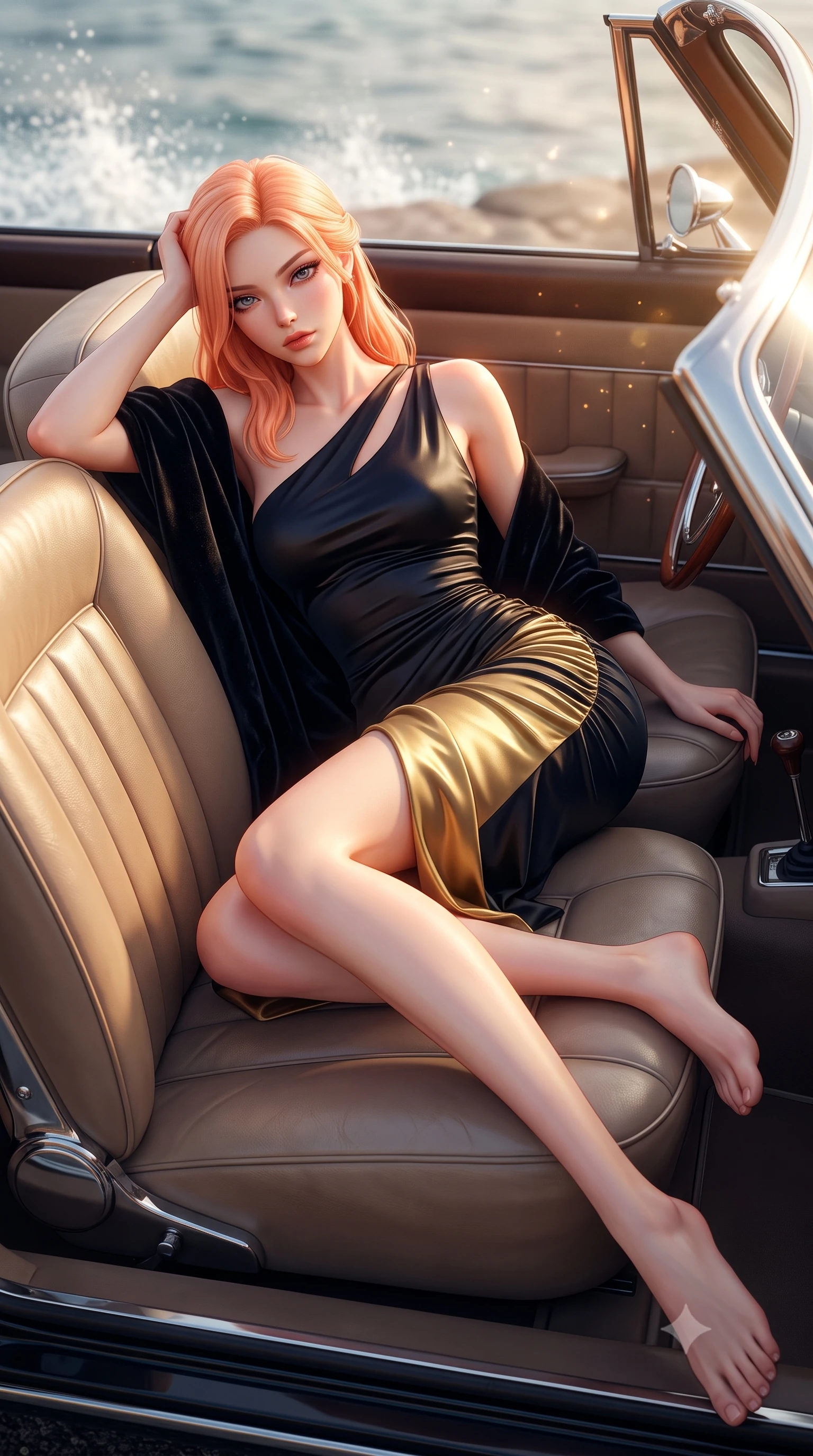 score_9, masterpiece, best quality, ultra-detailed, high-budget anime keyframe, semi-realistic 3D game render, editorial fashion photography, tasteful artistic composition, Japanese woman. low angle full-body shot from head to toe showing her feet, filling the entire 9:16 vertical frame with her statuesque presence, stretching her vertical silhouette. reclining on her side in an elegant Cleopatra pose with one knee drawn up, the dramatic contour of her rounded hips and long slender legs commanding the 9:16 vertical frame while lounging languidly across the passenger leather seat propped on one elbow, long slender legs extended to accentuate her willowy yet curvy silhouette. The composition keeps background elements in soft focus with creamy bokeh. sun glints off chrome car mirrors and sea spray scattering radiant warm light motes. She has an exceptionally tall and slender model-like 8.5-heads proportion, an ultra-slim waist, a flat toned midriff, narrow delicate ribcage, and beautifully sculpted feminine hips creating a graceful, slim hourglass silhouette without any bulky heaviness, with impossibly long slender legs. sharp v-shaped jawline, high-bridge nose, intricate jewel-like eyes with depth, thick eyelashes, glossy parted lips with a natural sheen, intensely captivating and seductive bedroom-eyes expression, flawlessly proportioned anatomical accuracy, strict slender model proportions, natural body alignment, perfectly sculpted long slender limbs, ultra-slim waistline, clean dynamic posture without body distortion. wearing a form-contouring cocktail dress with an asymmetrical open shoulder and hip-defining ruching in midnight obsidian black and liquid gold, tailored from ultra-smooth duchess satin with a pearlescent sheen, complemented by a plush velvet shawl draped loosely over her elbows, the form-contouring material adhering flawlessly to her sculpted flat midriff and slender torso, emphasizing her long leg lines and perfectly proportioned willowy build. surrounded by a carefree, elite, and irresistibly magnetic Saint-Tropez heiress aura. highly saturated vibrant anime colors, detailed shading with soft gradients, rich glossy textures, high-contrast stereoscopic depth, volumetric dynamic lighting, master piece, 9:16 ratio