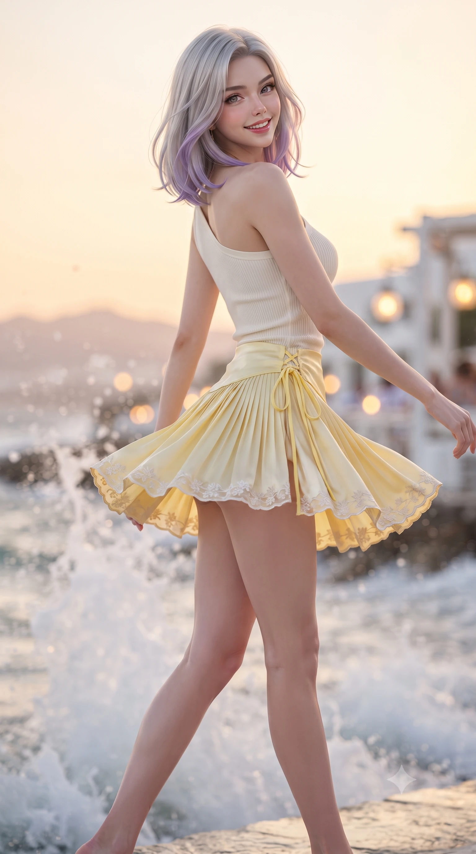 score_9, masterpiece, best quality, ultra-detailed, high-budget anime keyframe, editorial fashion photography, tasteful artistic composition, Caucasian woman. low angle full-body shot from head to toe showing her feet, filling the entire 9:16 vertical frame with her statuesque presence, stretching her vertical silhouette. executing a cheerful mid-motion pivot turn as her skirt flutters around her slender legs, glancing over her shoulder with an intoxicating, teasing cute expression while turning in an alluring dancer S-curve as the Cycladic evening wind flutters her dress, gazing toward the golden Aegean horizon with parted glossy lips. The composition keeps background elements in soft focus with dreamy creamy bokeh. crashing white sea spray and seaside taverna lanterns softened in romantic Greek island shallow focus. She has an exceptionally tall and slender model-like 8.5-heads proportion, an ultra-slim waist, a flat toned midriff, narrow delicate ribcage, and beautifully sculpted feminine hips creating a graceful, slim hourglass silhouette without any bulky heaviness, with impossibly long slender legs. sharp v-shaped jawline, high-bridge nose, intricate jewel-like sparkling eyes with depth, thick eyelashes, glossy parted lips with a natural peach sheen, bright cheerful beaming smile with an enchanting and coquettish sensual glint, exuding both youthful cute charm and seductive allure, flawlessly proportioned anatomical accuracy, strict slender model proportions, natural body alignment, perfectly sculpted long slender limbs, ultra-slim waistline, clean dynamic posture without body distortion. wearing an asymmetrical one-shoulder ribbed top paired with a micro-pleated skirt with side hip ties in bright butter yellow and fresh cream white, made of smooth fluid silk satin with a delicate pearlescent sheen, complemented by delicate embroidered floral trim along the hem, the liquid-tight tailored fabric clinging flawlessly to her narrow waist and rounded feminine hips, emphasizing every millimeter of her sculpted slim hourglass curves without any bulky heaviness. illuminated by intense specular sea wave reflections sharply sculpting her razor-sharp jawline, narrow waist, and curvy hips. ultra-reflective glossy finish, specular highlights, rich textural contrasts, high-contrast stereoscopic depth, volumetric dynamic lighting, 2k, ultra detail, master piece, 9:16 ratio