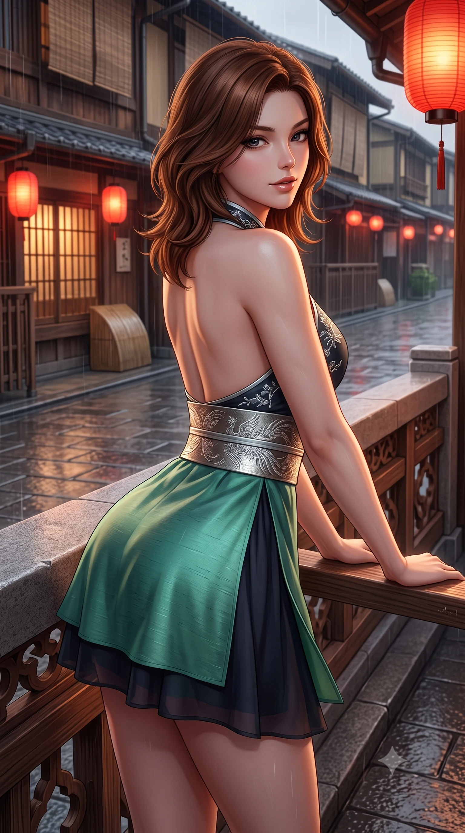 score_9, masterpiece, best quality, ultra-detailed, high-budget anime keyframe, semi-realistic 3D game render, editorial fashion photography, tasteful artistic composition, Korean woman. close-up cowboy shot from the waist and thighs up, the character dominates the composition, filling the frame with her large presence. leaning forward over the carved veranda balustrade while arching her lower back to accentuate her curvy hips, looking into the camera with an enchanting coquettish smile and bedroom-eyes while leaning against the smooth stone bridge parapet with hips cocked back, looking over a bare shoulder with an intoxicating, smoldering half-smile. The surrounding environment is rendered in vivid detail and crisp panoramic clarity: detailed brocade fabric weave, rain-kissed pavement sheen, and traditional Kyoto street architecture in razor-sharp clarity. She has an exceptionally elegant, slender, and willowy female figure with an ultra-slim waist, flat toned midriff, narrow ribcage, and sculpted feminine hips creating an alluring, slim hourglass silhouette without bulk. sharp v-shaped jawline, high-bridge nose, intricate jewel-like dark sparkling almond eyes with depth, thick lashes, glossy parted lips with a natural rose-plum sheen, bright alluring and coquettish smile with bedroom-eyes, exuding both timeless oriental elegance and sovereign high-fashion allure, flawlessly proportioned anatomical accuracy, strict slender model proportions, natural body alignment, perfectly sculpted long slender limbs, ultra-slim waistline, clean dynamic posture without body distortion. wearing a modern halter-neck fusion hanbok bodice with delicate silver embroidery and a fluttering layered chiffon wrap mini skirt in deep midnight obsidian and luminous imperial jade green, tailored from smooth celadon raw silk with natural organic slub texture, finished with a wide metallic obi sash with intricate embroidered phoenix motifs, the precision-cut side hip slits and low-back scoop framing her graceful spine and the sensual sweep of her slim, toned hips. bathed in the warm nostalgic glow of red paper street lanterns and teahouse window spill. highly saturated vibrant anime colors, detailed shading with soft gradients, rich glossy textures, high-contrast stereoscopic depth, volumetric dynamic lighting, master piece, 9:16 ratio