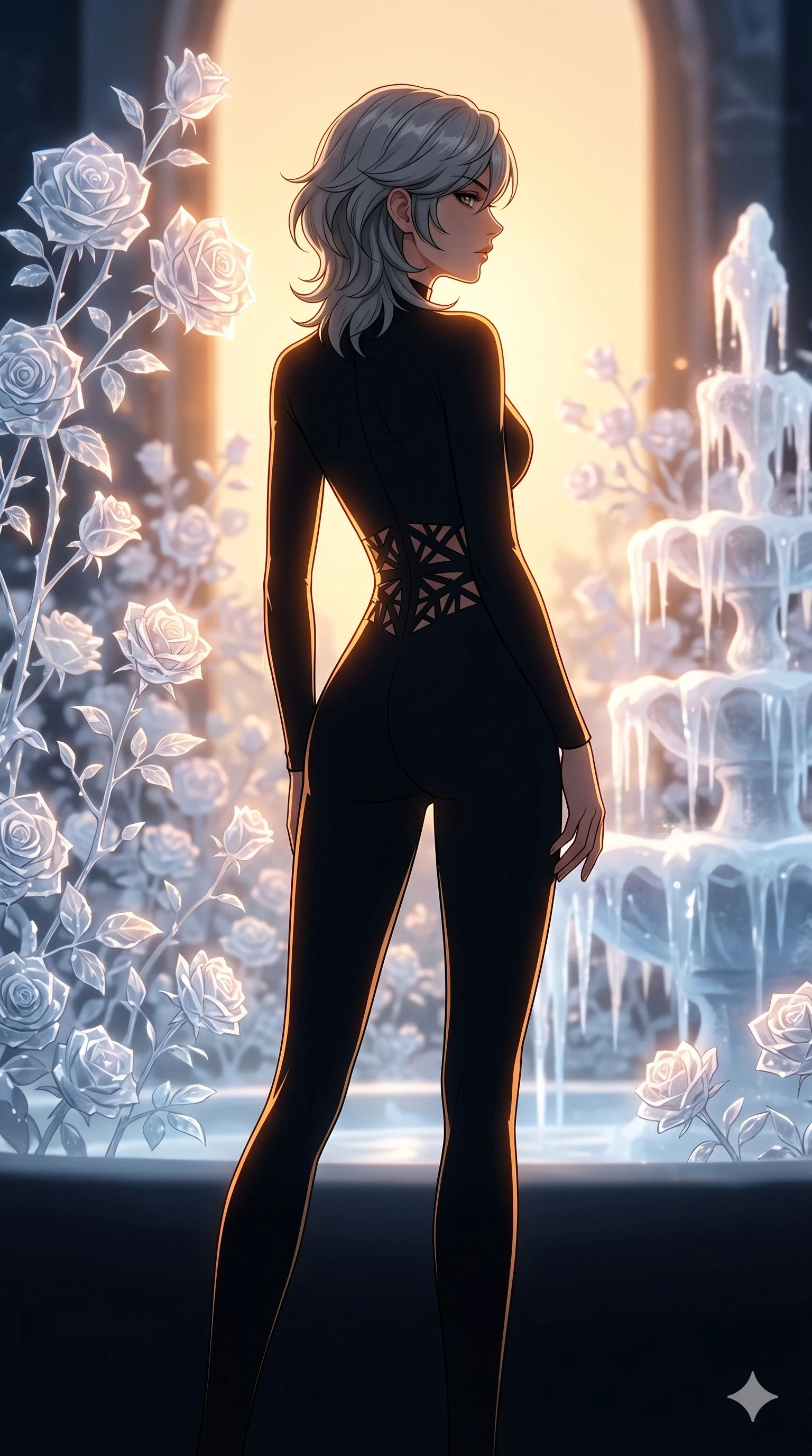 score_9, masterpiece, best quality, ultra-detailed, high-budget anime keyframe, editorial fashion photography, tasteful artistic composition, Caucasian woman, strictly human ears. cowboy shot from the thighs up, character and outfit filling the frame for maximum editorial presence. Casting a confident sidelong glance, her profile silhouetted against the bright background within a dreamlike winter garden with crystal rose bushes and frozen fountains. She has an absolutely perfect 8-heads proportion, an exceptionally tall and slender female figure with impossibly long slender legs and an ultra-slim waist. V-shaped jawline, high-bridge nose, intricate jewel-like eyes with depth, thick eyelashes, glossy lips with a natural sheen. wearing a precision-fitted performance jumpsuit with intricate geometric laser-cut details along the waist. drenched in warm amber cinematic rim lighting that traces every contour of her silhouette against the dark. 2k, ultra detail, master piece, 9:16 ratio