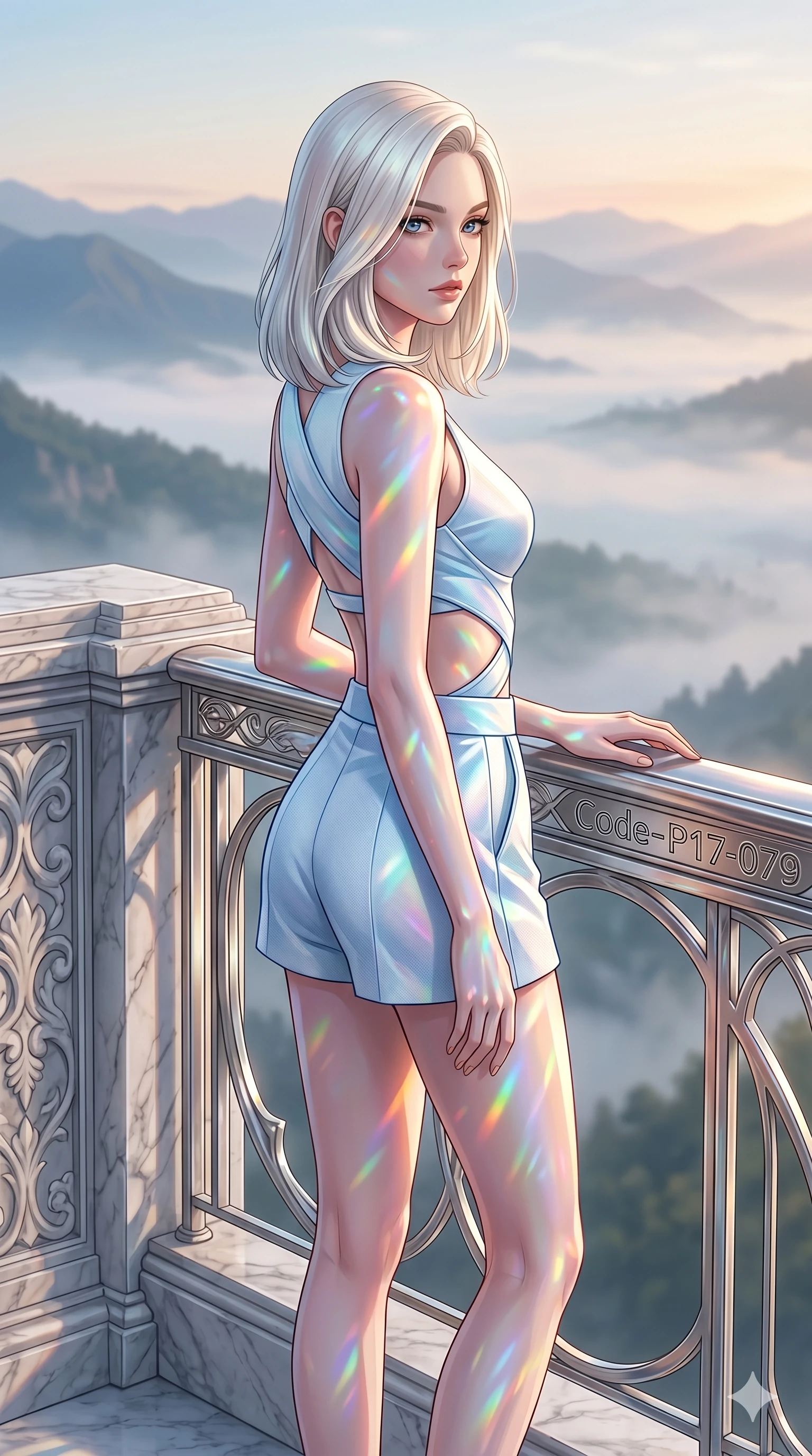 score_9, masterpiece, best quality, ultra-detailed, high-budget anime keyframe, editorial fashion photography, tasteful artistic composition, Caucasian woman, strictly human ears. cowboy shot from the thighs up, character and outfit filling the frame for maximum editorial presence. resting one hand on the metal railing, casting a slow gaze over her shoulder standing on a marble balcony overlooking a misty valley (Code-P17-079). She has an absolutely perfect 8-heads proportion, an exceptionally tall and slender female figure with impossibly long slender legs and an ultra-slim waist. V-shaped jawline, high-bridge nose, intricate jewel-like eyes with depth, thick eyelashes, glossy lips with a natural sheen. wearing a modern wrap top with an sculpted midriff and matching tailored shorts. cascading rainbow prismatic light refracting through ice, painting colors on her body. 2k, ultra detail, master piece, 9:16 ratio