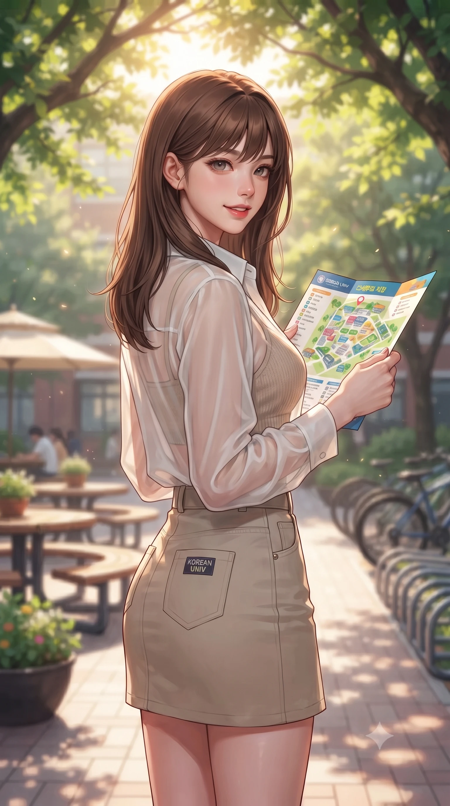 score_9, masterpiece, best quality, ultra-detailed, high-budget anime keyframe, editorial fashion photography, tasteful artistic composition, Korean woman. close-up cowboy shot from the waist and thighs up, the character dominates the composition, filling the frame with her large presence, background elements kept in soft focus. glancing sidelong over her shoulder with an alluring, lingering gaze and a subtle grin set against a soft-focus background of in a sunlit campus courtyard filled with student tables, potted plants, and bicycle racks looking at a campus map brochure with a cheerful, curious look. She has an exceptionally elegant, slender, and willowy female figure with an ultra-slim waist, a gracefully sculpted slender torso, and a refined silhouette. sharp v-shaped jawline, high-bridge nose, intricate jewel-like eyes with depth, thick eyelashes, glossy lips with a natural sheen. wearing slim-fit sheer chiffon button-up shirt in white, worn over a slim-fit knit bralette and a mini skirt. warm morning sunbeams filtering through the leafy tree canopy. highly saturated vibrant anime colors, detailed shading with soft gradients, rich glossy textures, high-contrast stereoscopic depth, volumetric dynamic lighting, master piece, 9:16 ratio