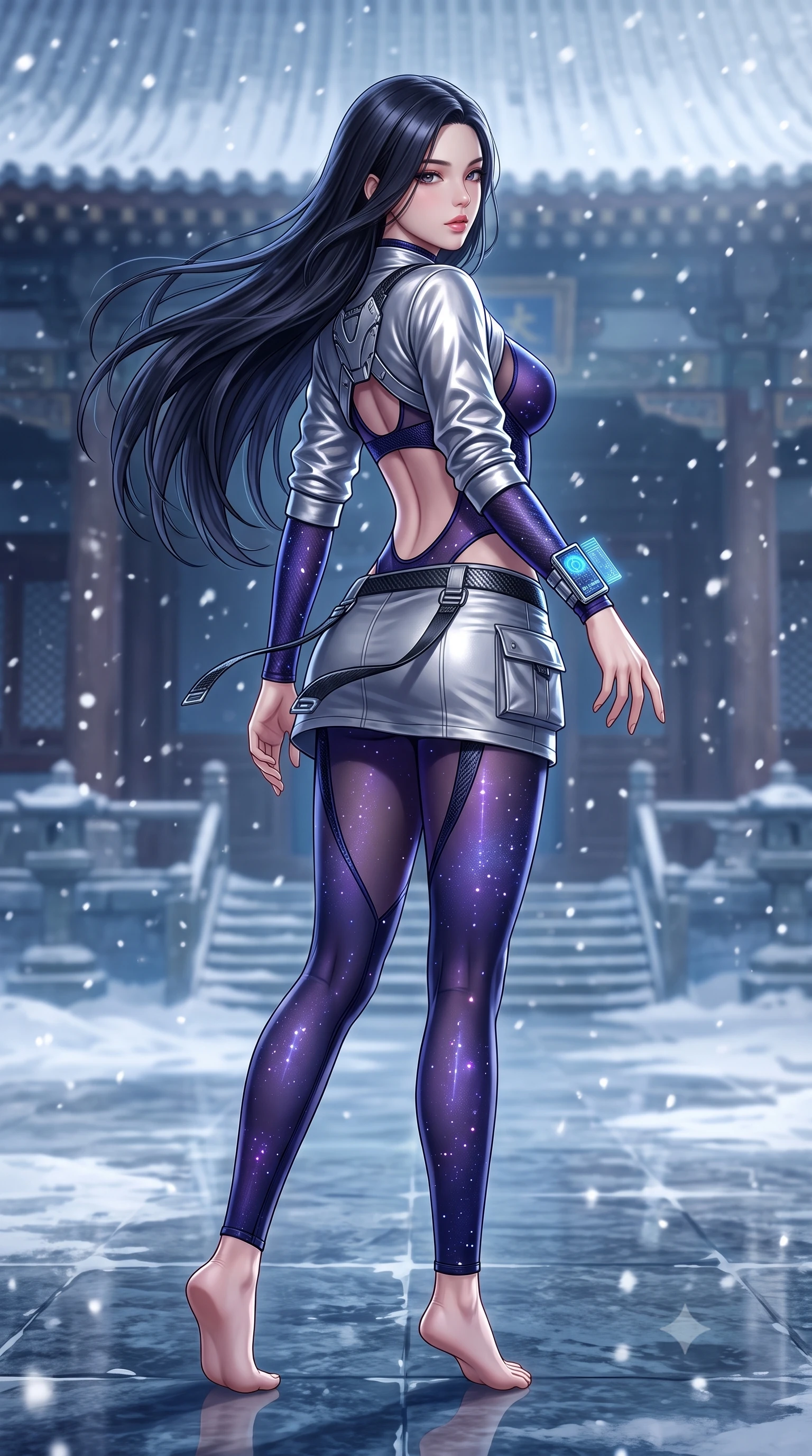 score_9, masterpiece, best quality, ultra-detailed, high-budget anime keyframe, semi-realistic 3D game render, editorial fashion photography, tasteful artistic composition, Korean woman. low angle full-body shot from head to toe showing her feet, filling the entire 9:16 vertical frame with her statuesque presence, stretching her vertical silhouette. executing an elegant mid-motion pivot turn as garments swirl around her slender limbs, glancing over her shoulder with an intoxicating bedroom-gaze while striding across the reflective frozen stone temple floor, hips swaying in an alluring rhythm as gale-force winds whip her silk drapery. The surrounding environment is rendered in vivid detail and crisp panoramic clarity. detailed carbon-fiber weave patterns, metallic wing harness joints, and falling snowflakes in high resolution. She has an absolutely perfect, statuesque 8.5-heads proportion, an exceptionally tall and slender model-like female figure with impossibly long slender legs, a toned flat midriff, an ultra-slim waist, and beautifully sculpted feminine hips. sharp v-shaped jawline, high-bridge nose, intricate jewel-like eyes with depth, thick eyelashes, glossy parted lips with a natural sheen, intensely captivating and seductive bedroom-eyes expression, flawlessly proportioned anatomical accuracy, strict slender model proportions, natural body alignment, perfectly sculpted long slender limbs, ultra-slim waistline, clean dynamic posture without body distortion. wearing a futuristic sheer mesh bodysuit layered under a metallic silver shrug bolero and micro cargo skirt in deep midnight navy and glowing violet starlight, made of sheer contouring power-mesh panels with anatomical curve lines, equipped with a wrist-mounted miniature holographic display terminal, the form-contouring material adhering flawlessly to her sculpted flat midriff and slender torso, emphasizing her long leg lines and perfectly proportioned willowy build. illuminated by crisp metallic specular reflections sharply defining her sculpted waist, bare spine, and curvy hips. highly saturated vibrant anime colors, detailed shading with soft gradients, rich glossy textures, high-contrast stereoscopic depth, volumetric dynamic lighting, master piece, 9:16 ratio