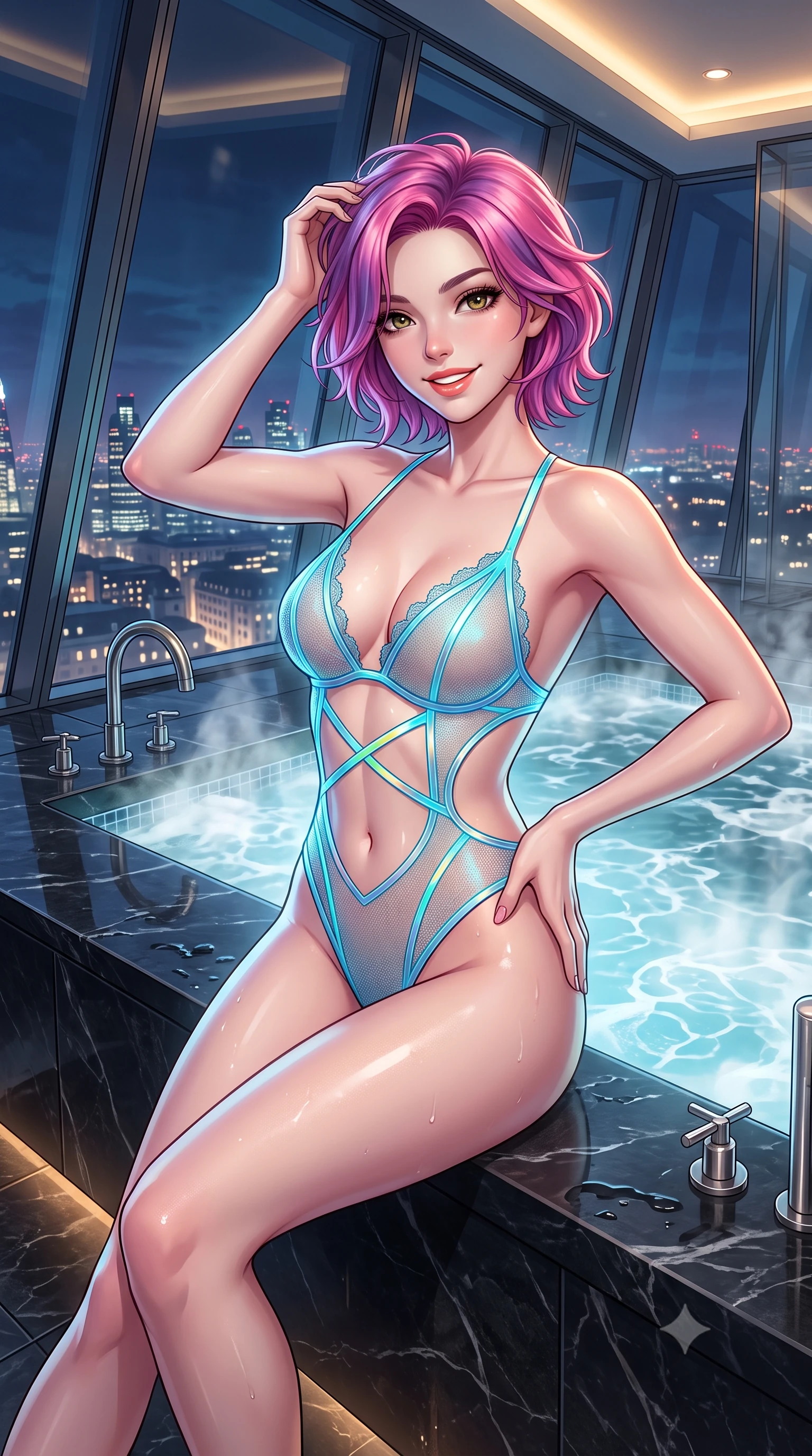 score_9, masterpiece, best quality, ultra-detailed, high-budget anime keyframe, semi-realistic 3D game render, editorial fashion photography, tasteful artistic composition, Caucasian woman. close-up cowboy shot from the waist and thighs up, the character dominates the composition, filling the frame with her large presence. twisting her slender torso in an alluring contrapposto stance, one hand resting on her sculpted hip while her fingers toy with her hair with effortless poise while lounging in the steaming water propped on the dark stone rim with legs extended, her statuesque 8.5-heads silhouette commanding the metropolis. The surrounding environment is rendered in vivid detail and crisp panoramic clarity: sharp structural glass corner bevels, honed black marble floor veining, and polished nickel tap fittings in deep focus. She has an exceptionally elegant, slender, and willowy female figure with an ultra-slim waist, flat toned midriff, narrow ribcage, and sculpted feminine hips creating an alluring, slim hourglass silhouette without bulk. sharp v-shaped jawline, high-bridge nose, intricate jewel-like sparkling eyes with depth, thick eyelashes, glossy parted lips with a natural peach sheen, bright cheerful beaming smile with an enchanting and coquettish sensual glint, exuding both youthful cute charm and seductive allure, flawlessly proportioned anatomical accuracy, strict slender model proportions, natural body alignment, perfectly sculpted long slender limbs, ultra-slim waistline, clean dynamic posture without body distortion. wearing a provocative plunging sheer micro-mesh leotard with criss-cross neon strap details across her flat midriff in Neo-Carthage holographic cyan and solar chrome, woven from fine semi-opaque stretch illusion mesh tracing her slender contours, finished with scalloped eyelash lace trim framing her sweetheart neckline with intimate elegance, the precision-cut side openings and low-back scoop framing her graceful spine and the sensual sweep of her slim, toned hips. bathed in the cool ambient glow of the illuminated London skyline mixed with warm 2800K recessed cove downlights. highly saturated vibrant anime colors, detailed shading with soft gradients, rich glossy textures, high-contrast stereoscopic depth, volumetric dynamic lighting, master piece, 9:16 ratio