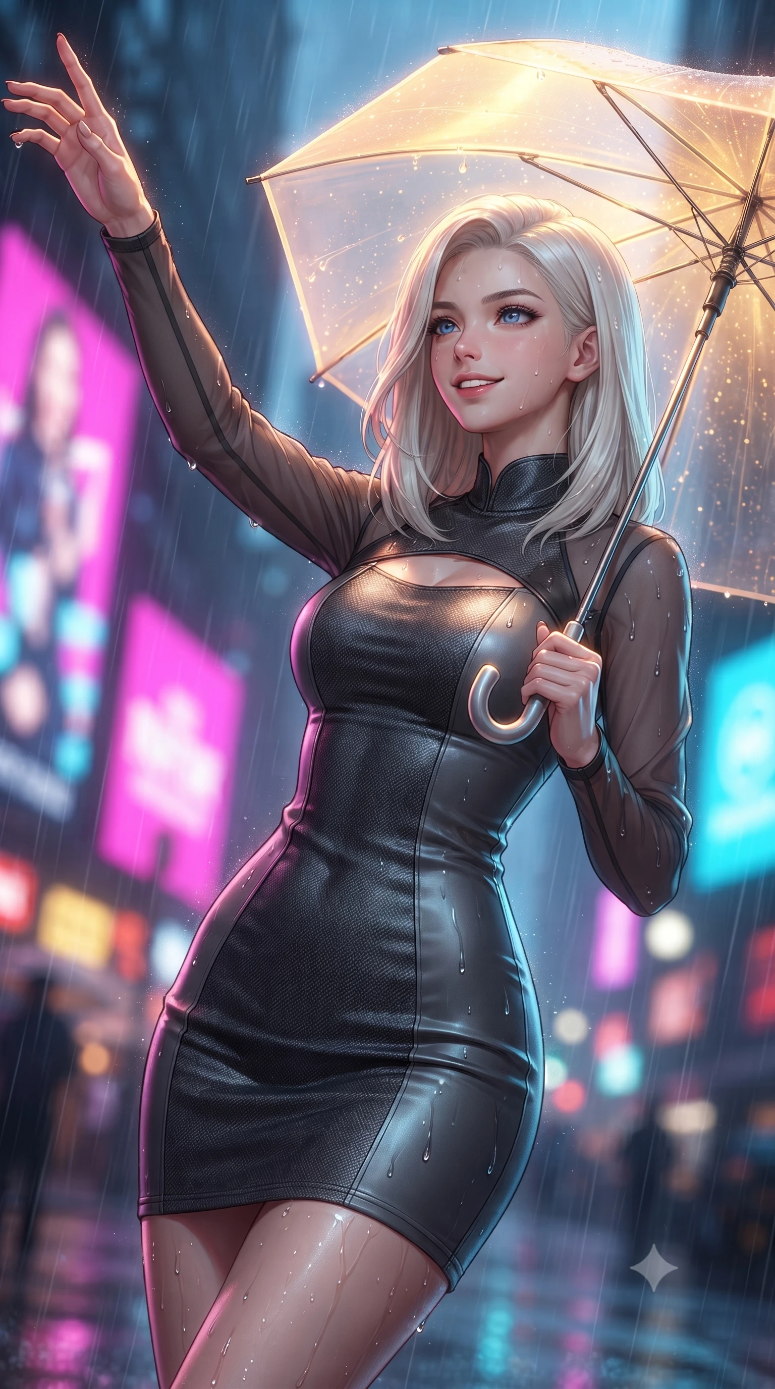 score_9, masterpiece, best quality, ultra-detailed, high-budget anime keyframe, editorial fashion photography, tasteful artistic composition, Caucasian woman. close-up cowboy shot from the waist and thighs up, the character dominates the composition, filling the frame with her large presence, background elements kept in soft focus. Extending one arm in an elegant stretch toward the light while smiling with magnetic self-assurance while holding a glowing translucent umbrella under vibrant magenta and cyan billboards, rain droplets glistening on skin and clothing with colorful neon reflections. She has an exceptionally elegant, slender, and willowy female figure with an ultra-slim waist, a gracefully sculpted slender torso, and a refined silhouette. sharp v-shaped jawline, high-bridge nose, intricate jewel-like eyes with depth, thick eyelashes, glossy lips with a natural sheen, flawlessly proportioned anatomical accuracy, natural body alignment, perfectly sculpted elegant limbs, clean dynamic posture without body distortion. wearing a sleek bodycon knit dress with strategic sheer organza sleeve panels in charcoal grey and platinum, made of fine carbon-fiber weave and soft matte leather, accented with a Tasteful chest slit framing her clavicle gracefully, the sleek second-skin texture accentuating her magnetic presence. illuminated by warm indoor golden light and cool rainy blue neon rim light. ultra-reflective glossy finish, specular highlights, metallic sheen, high-contrast stereoscopic depth, volumetric dynamic lighting, 2k, ultra detail, master piece, 9:16 ratio