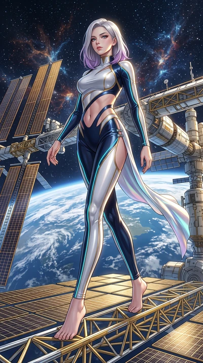 score_9, masterpiece, best quality, ultra-detailed, high-budget anime keyframe, editorial fashion photography, tasteful artistic composition, Caucasian woman. low angle full-body shot from head to toe showing her feet, filling the entire 9:16 vertica