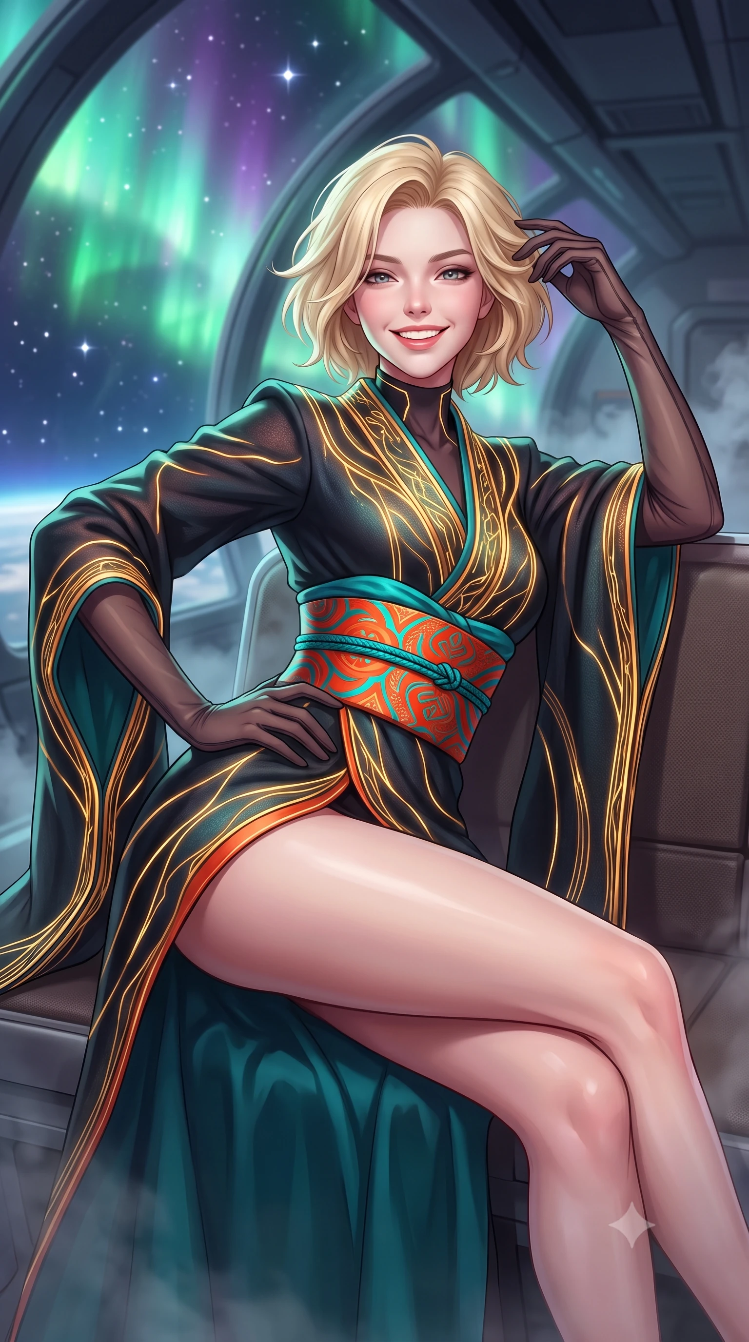 score_9, masterpiece, best quality, ultra-detailed, high-budget anime keyframe, semi-realistic 3D game render, editorial fashion photography, tasteful artistic composition, Caucasian woman. close-up cowboy shot from the waist and thighs up, the character dominates the composition, filling the frame with her large presence. twisting her slender torso in an alluring contrapposto stance, one hand resting on her sculpted hip while her fingers toy with her hair with effortless poise while lounging gracefully across the observation pod seat propped on one elbow with legs extended, displaying her long slender limbs and statuesque hourglass silhouette against the cosmos. The background shows a soft-focus faint cabin pressurization vapor softened in orbital space station catwalk shallow focus. She has an exceptionally elegant, slender, and willowy female figure with an ultra-slim waist, flat toned midriff, narrow ribcage, and sculpted feminine hips creating an alluring, slim hourglass silhouette without bulk. sharp v-shaped jawline, high-bridge nose, intricate jewel-like sparkling eyes with depth, thick eyelashes, glossy parted lips with a natural peach sheen, bright cheerful beaming smile with an enchanting and coquettish sensual glint, exuding both youthful cute charm and seductive allure, flawlessly proportioned anatomical accuracy, strict slender model proportions, natural body alignment, perfectly sculpted long slender limbs, ultra-slim waistline, clean dynamic posture without body distortion. wearing an elegant high-neck cyber-kimono coat with integrated gold fiber-optic embroidery and wide obi belt in cyber-shinto vermilion and electric teal, crafted from bespoke double-faced cashmere with an exceptionally soft tactile finish, complemented by sheer opera-length evening gloves tracing her slender arms, the bespoke structured tailoring following the natural line of her 8.5-heads silhouette with refined elegance. bathed in iridescent green and purple polar aurora luminescence mixed with crisp white starlight. highly saturated vibrant anime colors, detailed shading with soft gradients, rich glossy textures, high-contrast stereoscopic depth, volumetric dynamic lighting, master piece, 9:16 ratio