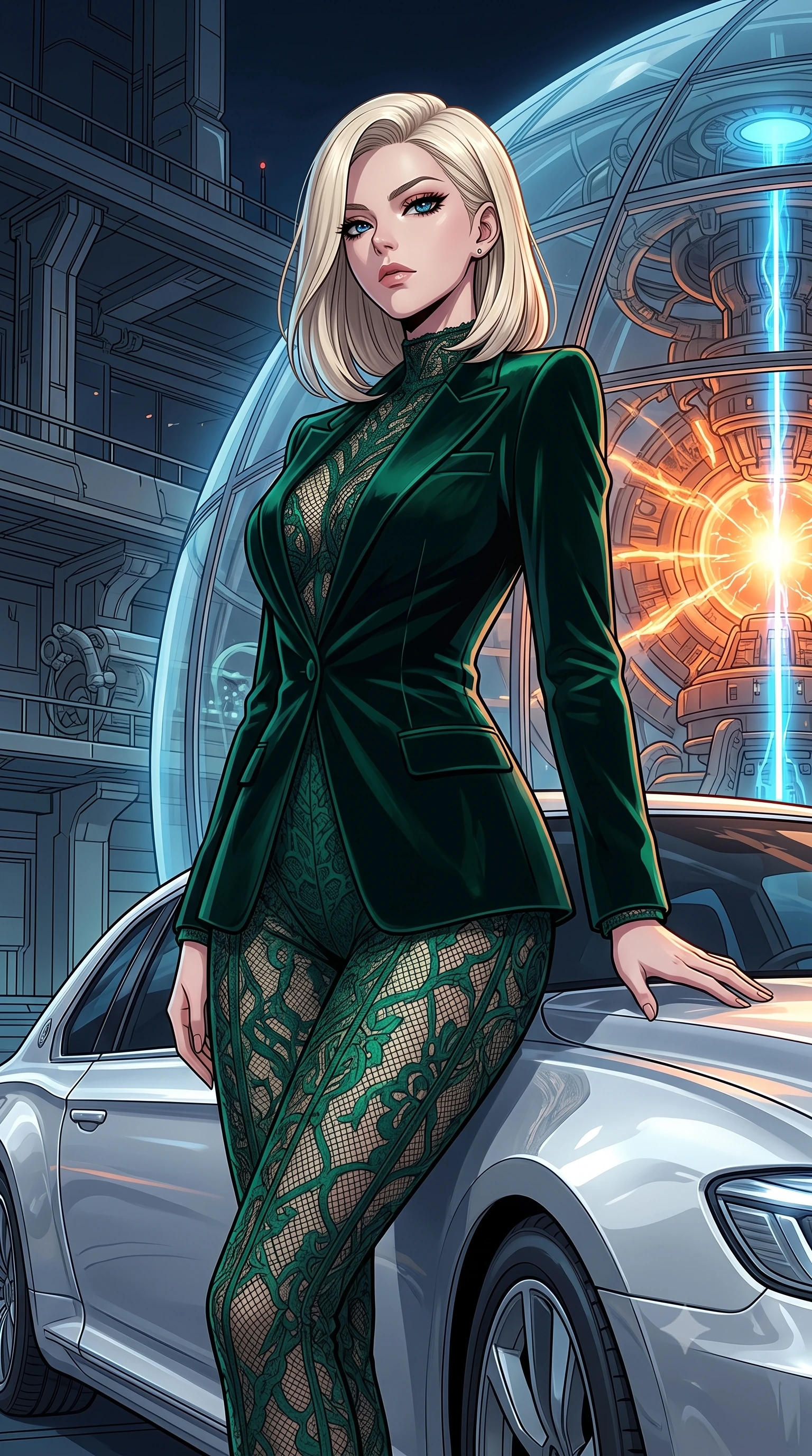 score_9, masterpiece, best quality, ultra-detailed, High-budget Anime Keyframe, Caucasian woman, strictly human ears. Low angle cowboy shot filling the entire 9:16 frame with her statuesque presence. Scenario 445: leaning against a sleek white hover-limousine by a secret bio-dome containing a giant glowing fusion reactor. Her presence is magnetic and overpowering in this high-budget anime scene. Outfit 445: a tailored emerald green micro-mesh lace jumpsuit layered under a structured velvet blazer. The clothing is designed to emphasize her exceptionally tall and slender 8-heads proportion. 8-heads proportion, towering silhouette, ultra-slim waist. sharp v-shaped jawline, intricate jewel-like eyes with depth, thick eyelashes, glossy lips. 2k, ultra detail, master piece, 9:16 ratio