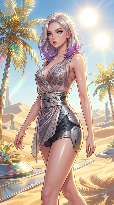 score_9, masterpiece, best quality, ultra-detailed, high-budget anime keyframe, Caucasian woman, strictly human ears. Upper body close-up from the thighs up, character filling the screen for maximum presence. She is walking through a futuristic sand 
