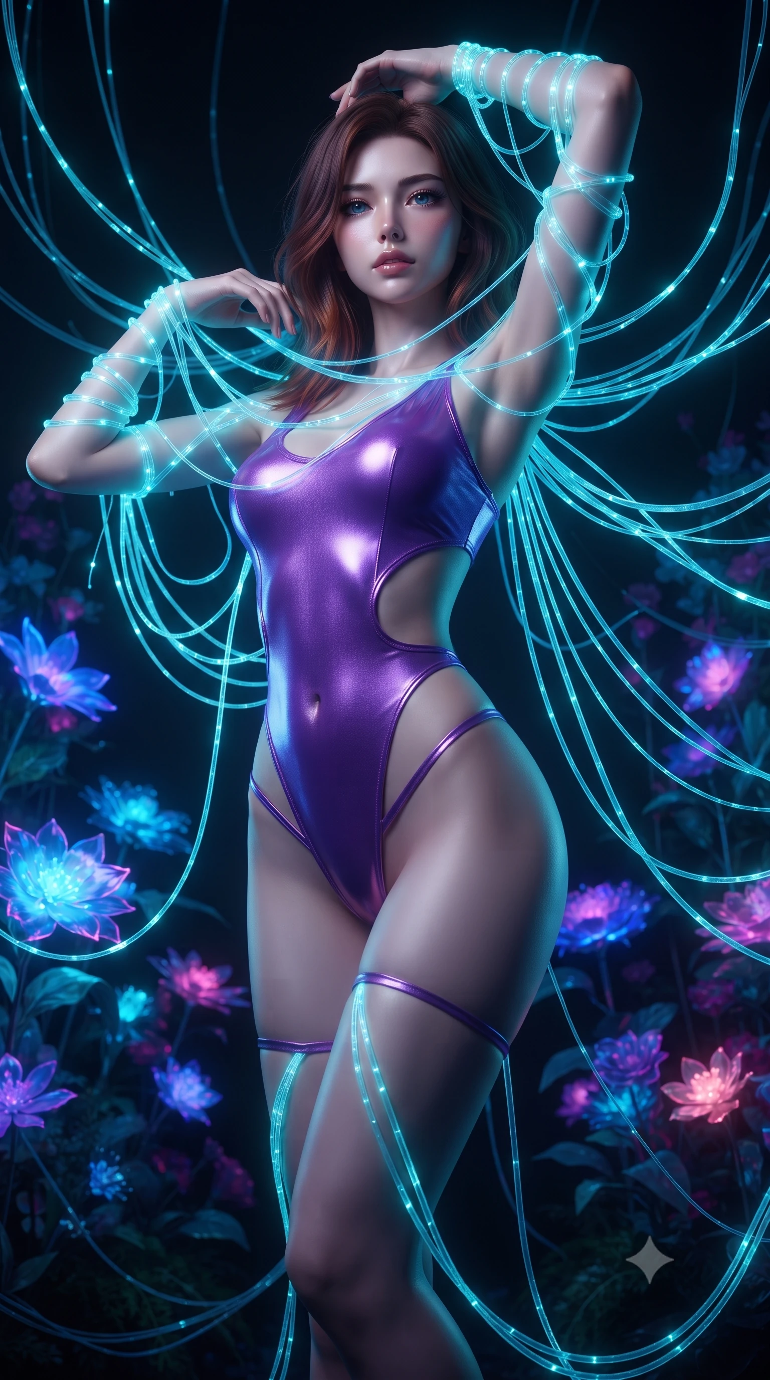 score_9, masterpiece, best quality, ultra-detailed, High-budget Anime Keyframe, editorial fashion photography, tasteful artistic composition, realistic cosplay photography, East Asian woman. Low angle cowboy shot filling the entire 9:16 frame with her statuesque presence. Scenario 516: tangled in a web of glowing cyan fiber-optic cables inside a virtual garden where neon flowers bloom in the dark. Her presence is magnetic and overpowering in this high-budget cinematic scene. Outfit 516: a slim-fit neon violet shimmering chiffon bodysuit with strategic waist cut-outs and slender leg straps. The clothing is designed to emphasize her exceptionally tall and slender 8-heads proportion. 8-heads proportion, towering silhouette, ultra-slim waist. sharp v-shaped jawline, intricate jewel-like eyes with depth, thick eyelashes, glossy lips. ultra-reflective glossy finish, specular highlights, metallic sheen, high-contrast stereoscopic depth, volumetric dynamic lighting, 2k, ultra detail, master piece, 9:16 ratio