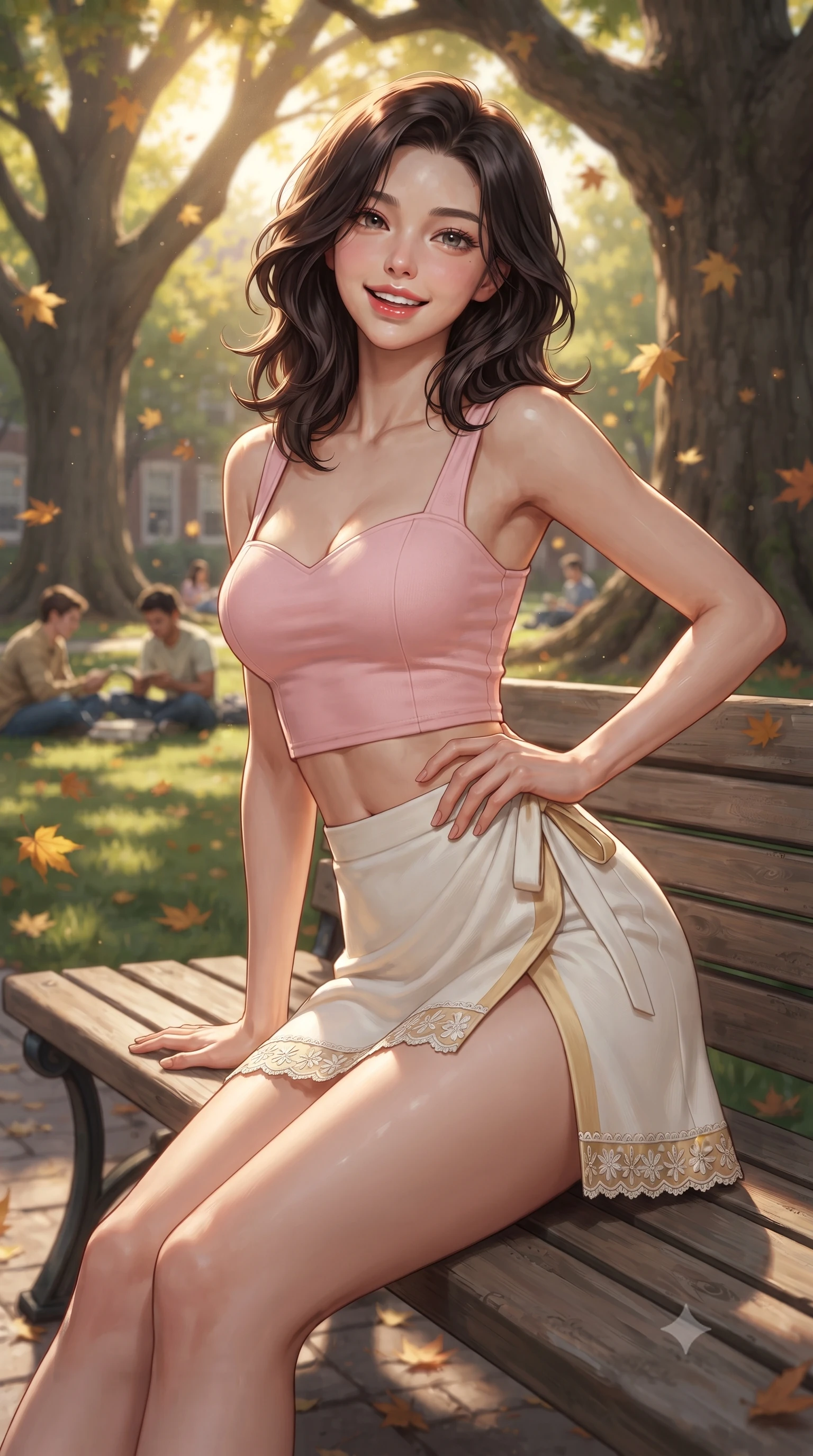 score_9, masterpiece, best quality, ultra-detailed, high-budget anime keyframe, editorial fashion photography, tasteful artistic composition, Korean woman. close-up cowboy shot from the waist and thighs up, the character dominates the composition, filling the frame with her large presence. twisting her slender torso in an alluring contrapposto stance, one hand resting on her sculpted hip while flashing a radiant, playful smile with parted glossy lips while lounging gracefully on a park bench under ancient maple trees, her long slender legs and curvy hips highlighted by golden sunbeams. The composition keeps background elements in soft focus with dreamy creamy bokeh. students resting on lawns and fluttering maple leaves softened in nostalgic campus shallow focus. She has an exceptionally elegant, slender, and willowy female figure with an ultra-slim waist, flat toned midriff, narrow ribcage, and sculpted feminine hips creating an alluring, slim hourglass silhouette without bulk. sharp v-shaped jawline, high-bridge nose, intricate jewel-like sparkling eyes with depth, thick eyelashes, glossy parted lips with a natural peach sheen, bright cheerful beaming smile with an enchanting and coquettish sensual glint, exuding both youthful cute charm and seductive allure, flawlessly proportioned anatomical accuracy, strict slender model proportions, natural body alignment, perfectly sculpted long slender limbs, ultra-slim waistline, clean dynamic posture without body distortion. wearing a sweetheart-neckline baby-pink crop top with a high-slit wrap mini skirt accentuating her waist-to-hip curve in pure alabaster white and sun-kissed gold, crafted from soft cozy cashmere yarn with an airy drape, complemented by delicate embroidered floral trim along the hem, the glove-like silhouette tightly following the natural contour of her hips and long slender legs with youthful 8.5-heads elegance. illuminated by warm campus grass bounce fill accentuating her sculpted collarbones, ultra-slim waist, and curvy hips. ultra-reflective glossy finish, specular highlights, rich textural contrasts, high-contrast stereoscopic depth, volumetric dynamic lighting, 2k, ultra detail, master piece, 9:16 ratio