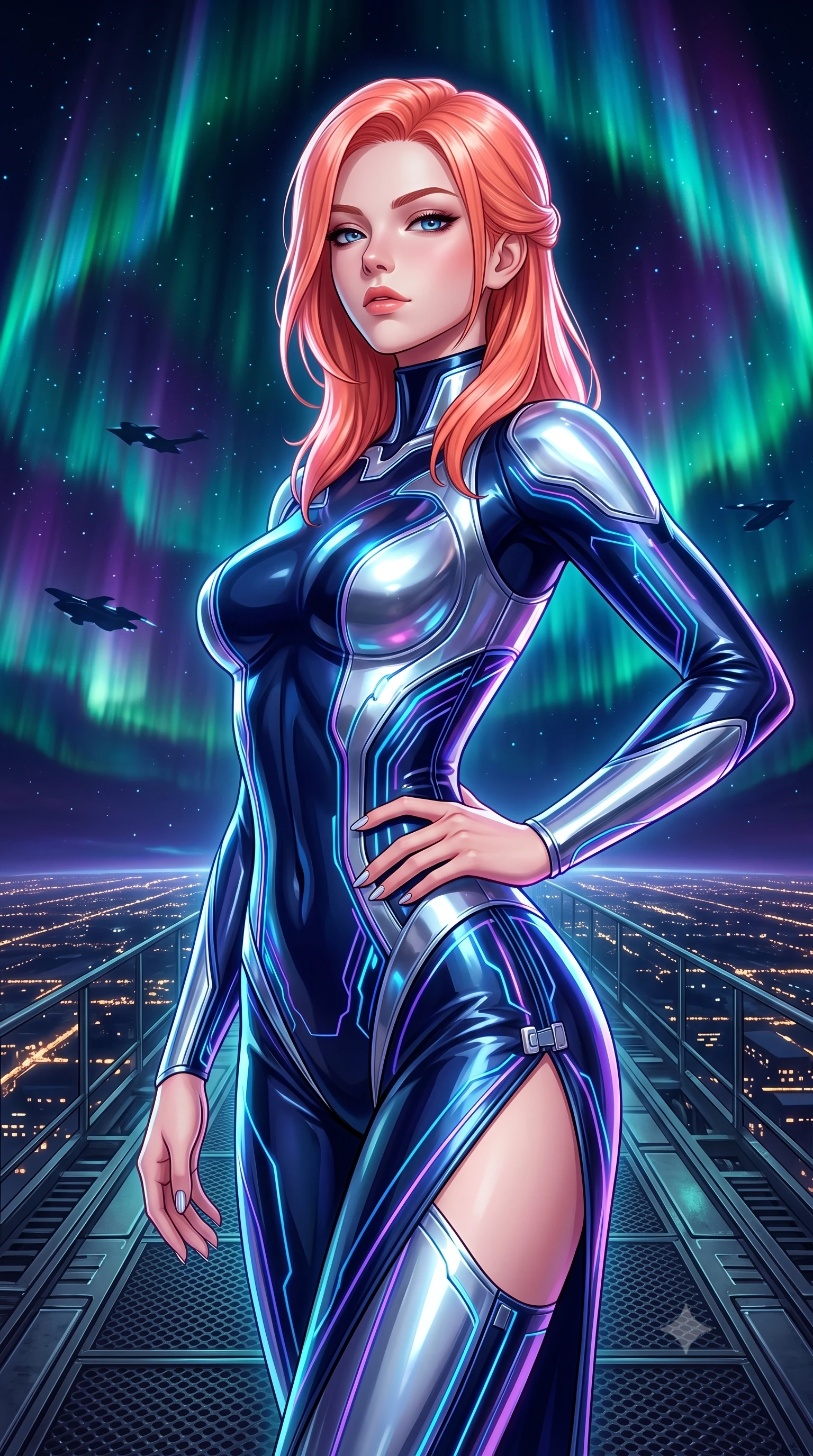 score_9, masterpiece, best quality, ultra-detailed, high-budget anime keyframe, semi-realistic 3D game render, editorial fashion photography, tasteful artistic composition, Japanese woman. close-up cowboy shot from the waist and thighs up, the character dominates the composition, filling the frame with her large presence. twisting her upper body in a dynamic S-curve with commanding allure, one hand resting on her slender waist with haughty grace while arching her spine in a fluid stretch under the vast cosmic aurora with endless city light grids stretching below. The surrounding environment is rendered in vivid detail and crisp panoramic clarity. sharp plasma aurora curtain ripples, flying vehicle silhouettes, and textured metal gantry in high resolution. She has an exceptionally elegant, slender, and willowy female figure with an ultra-slim waist, a gracefully sculpted slender torso, toned flat midriff, and a refined slim silhouette. sharp v-shaped jawline, high-bridge nose, intricate jewel-like eyes with depth, thick eyelashes, glossy lips with a natural sheen, flawlessly proportioned anatomical accuracy, strict slender model proportions, natural body alignment, perfectly sculpted long slender limbs, ultra-slim waistline, clean dynamic posture without body distortion. wearing an aerodynamic sculpted liquid-chrome bodysuit with glowing neon fiber-optic circuitry and an elegant high-fashion cut in deep midnight navy blue and pure starlight chrome, tailored from semi-translucent cybernetic vinyl with glowing micro-filaments, finished with an ultra-high side slit secured by miniature magnetic clasps, the glove-like aerodynamic second-skin fit tightly clinging to her ultra-slender waist and athletic curves without adding bulk, accentuating her razor-sharp statuesque lines and slim hourglass silhouette. surrounded by an exhilarating, supreme, and fiercely alluring cyber-monarch aura. rich saturated anime colors with glowing neon highlights, detailed shading with soft gradients, rich glossy textures, high-contrast stereoscopic depth, volumetric dynamic lighting, master piece, 9:16 ratio