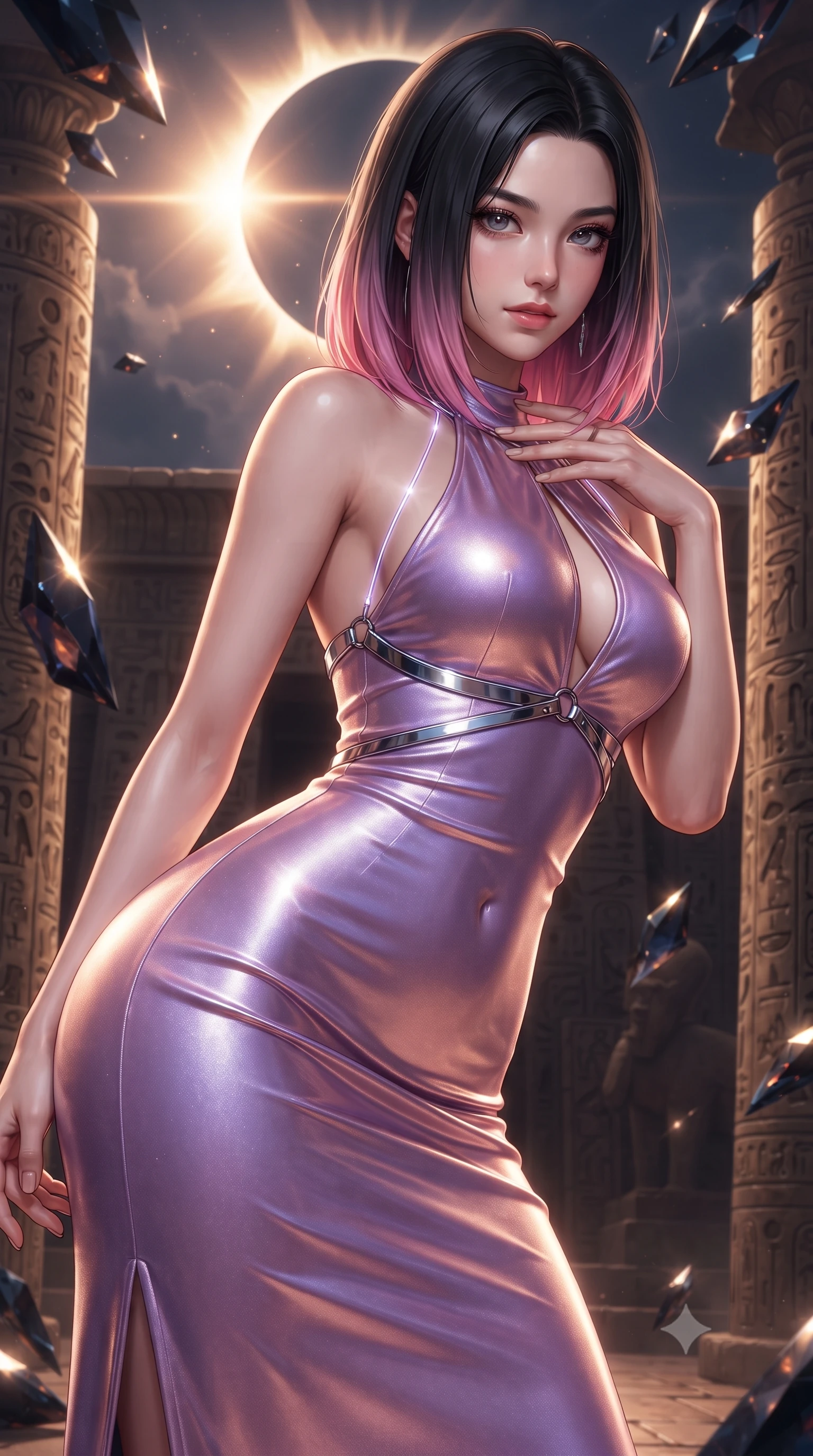 score_9, masterpiece, best quality, ultra-detailed, high-budget anime keyframe, editorial fashion photography, tasteful artistic composition, Korean woman. close-up cowboy shot from the waist and thighs up, the character dominates the composition, filling the frame with her large presence. stretching forward with an alluring arch of her spine, glancing over her shoulder with thick eyelashes and a smoldering half-smile while resting one hand near her clavicle with a dangerous, sovereign smolder gazing directly into the lens beneath the eclipse. The surrounding environment is rendered in vivid detail and crisp panoramic clarity. sharp obsidian stone facet reflections, glowing solar corona flares, and detailed temple hieroglyphs in deep focus. She has an exceptionally elegant, slender, and willowy female figure with an ultra-slim waist, a gracefully sculpted slender torso, toned flat midriff, and a refined slim silhouette. sharp v-shaped jawline, high-bridge nose, intricate jewel-like eyes with depth, thick eyelashes, glossy lips with a natural sheen, flawlessly proportioned anatomical accuracy, strict slender model proportions, natural body alignment, perfectly sculpted long slender limbs, ultra-slim waistline, clean dynamic posture without body distortion. wearing a velvet halter-neck midi dress fitting her statuesque contour flawlessly with a Tasteful chest slit and open spine in luminous lavender violet and rose gold, made of liquid metal jersey that clings flawlessly to every contour of her build, reinforced by a sleek metallic chrome harness and delicate glowing micro-straps, the form-contouring material adhering flawlessly to her sculpted flat midriff and slender torso, emphasizing her long leg lines and perfectly proportioned willowy build. surrounded by an awe-inspiring, mysterious, and fiercely sensual solar empress aura. ultra-reflective glossy finish, specular highlights, metallic sheen, high-contrast stereoscopic depth, volumetric dynamic lighting, 2k, ultra detail, master piece, 9:16 ratio
