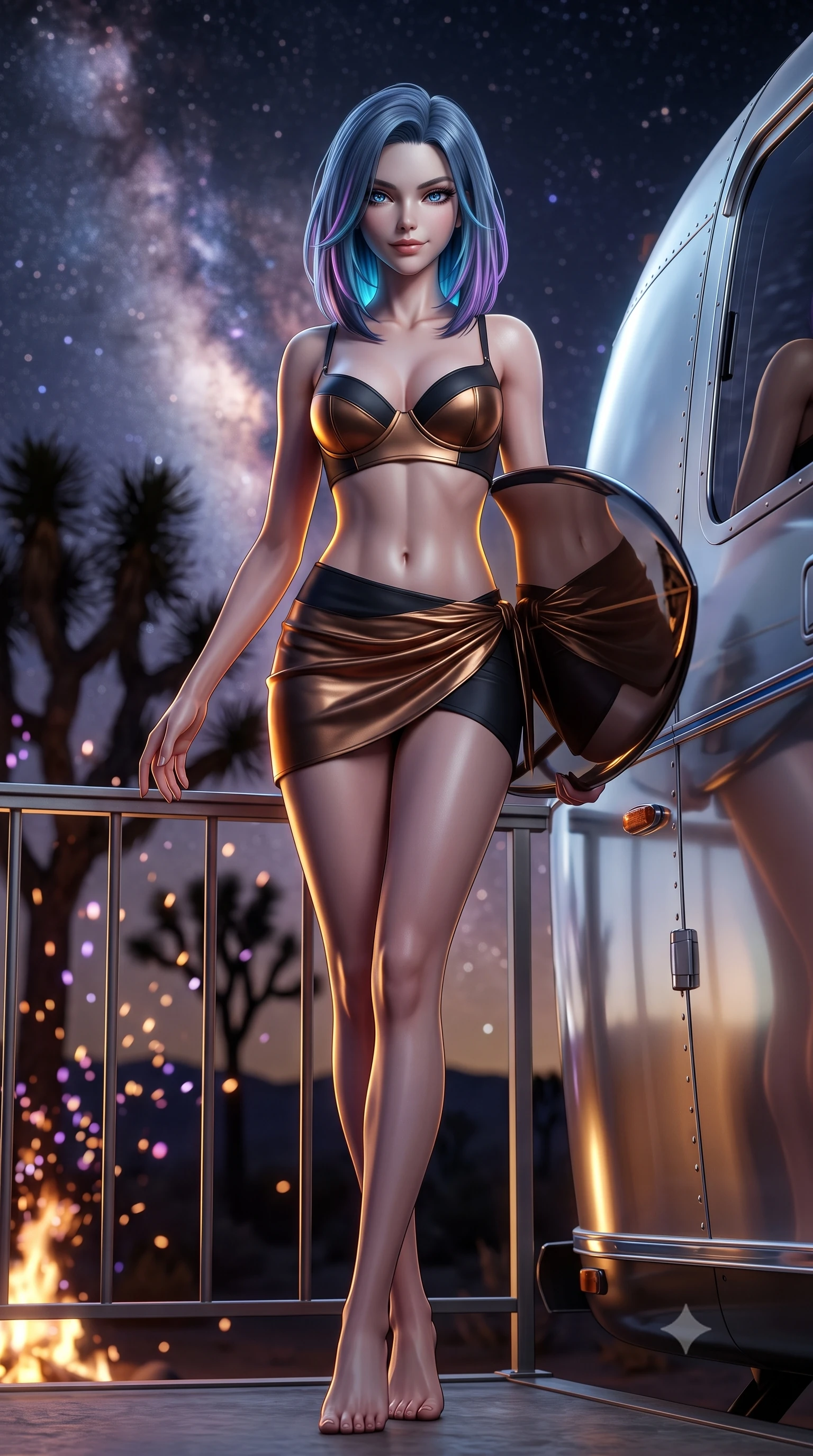score_9, masterpiece, best quality, ultra-detailed, high-budget anime keyframe, semi-realistic 3D game render, editorial fashion photography, tasteful artistic composition, Caucasian woman. low angle full-body shot from head to toe showing her feet, filling the entire 9:16 vertical frame with her statuesque presence, stretching her vertical silhouette. leaning deep against the balcony balustrade with hips cocked back in an unapologetically alluring high-fashion stance, casting an intoxicating glance while leaning against the mirror-polished aluminum Airstream trailer with hips cocked back, casting an intoxicating, smoldering half-smile. The background shows a soft-focus the dense glowing band of the Milky Way, silhouetted Joshua trees, and dancing fire sparks blurred into amethyst, amber, and diamond starlight bokeh. She has an absolutely perfect, statuesque 8.5-heads proportion, an exceptionally tall and slender model-like female figure with impossibly long slender legs, an ultra-slim waist, a flat toned midriff, narrow delicate ribcage, and beautifully sculpted feminine hips creating a graceful, slim hourglass silhouette without any bulky heaviness. sharp v-shaped jawline, high-bridge nose, sparkling eyes with hypnotic seductive depth, thick curled eyelashes, glossy parted lips with a natural dewy peach sheen, alluring bedroom-eyes with an enchanting coquettish smile, exuding magnetic siren charisma and sophisticated glamour, flawlessly proportioned anatomical accuracy, strict slender model proportions, natural body alignment, perfectly sculpted long slender limbs, ultra-slim waistline, clean dynamic posture without body distortion. wearing a structured underwire bikini bustier top paired with an ultra-short draped sarong wrap mini skirt in metallic liquid bronze and Mojave obsidian black, tailored from second-skin technical compression neoprene with athletic curve-sculpting stretch, accented with a custom high-gloss tinted surfboard held lightly with one hand, the form-contouring silhouette accentuating her sculpted flat midriff, narrow delicate ribcage, and gracefully curvy hips with intoxicating allure. illuminated by aluminum trailer reflection bounce and sharp amber-gold rim lighting sculpting her jawline, flat midriff, and voluptuous hip curves. highly saturated vibrant anime colors, detailed shading with soft gradients, rich glossy textures, high-contrast stereoscopic depth, volumetric dynamic lighting, master piece, 9:16 ratio