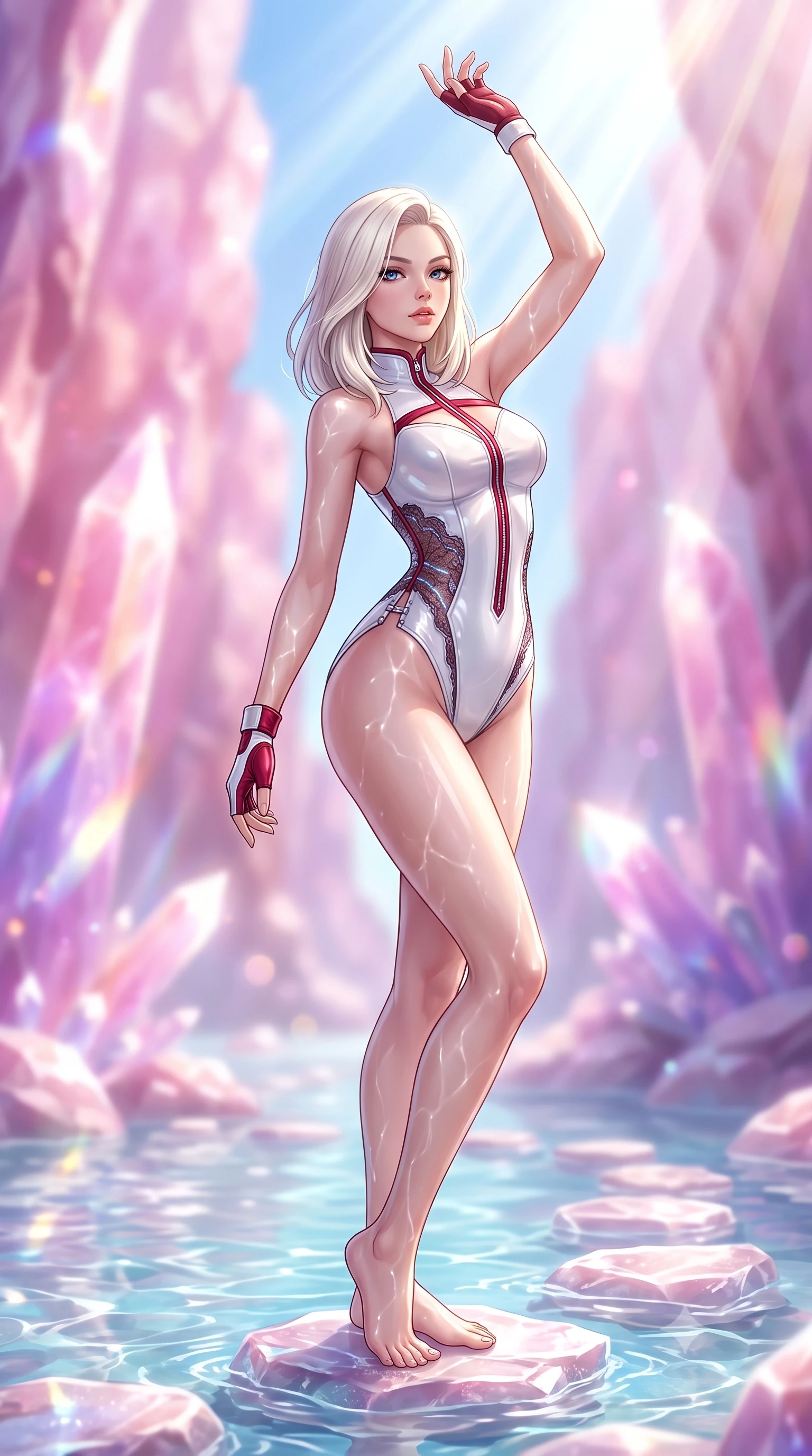 score_9, masterpiece, best quality, ultra-detailed, high-budget anime keyframe, semi-realistic 3D game render, editorial fashion photography, tasteful artistic composition, Caucasian woman. close-up cowboy shot from the waist and thighs up, the character dominates the composition, filling the frame with her large presence. extending one arm gracefully toward the light while her torso arches in a sleek, alluring curve with magnetic intensity while pivoting dynamically on a submerged quartz stepping stone as brilliant midday sunbeams create shimmering water caustics. The composition keeps background elements in soft focus with creamy bokeh. towering rose quartz and amethyst canyon spires blurred into radiant pastel pink and violet bokeh. She has an exceptionally elegant, slender, and willowy female figure with an ultra-slim waist, a gracefully sculpted slender torso, toned flat midriff, and a refined slim silhouette. sharp v-shaped jawline, high-bridge nose, intricate jewel-like eyes with depth, thick eyelashes, glossy lips with a natural sheen, flawlessly proportioned anatomical accuracy, strict slender model proportions, natural body alignment, perfectly sculpted long slender limbs, ultra-slim waistline, clean dynamic posture without body distortion. wearing a glossy white second-skin latex bodysuit with high-thigh cuts, exposed clavicle neckline, and gleaming zipper details in radiant crimson silk and crisp snow white, crafted from delicate dark lace interwoven with luminescent micro-fibers, finished with an ultra-high side slit secured by miniature magnetic clasps, the liquid-tight tailored fabric emphasizing every curve of her tall, slender model proportions and sculptured silhouette during dynamic movement. bathed in bright midday sunbeams penetrating canyon depths with glowing pink and violet crystal refractions. highly saturated vibrant anime colors, detailed shading with soft gradients, rich glossy textures, high-contrast stereoscopic depth, volumetric dynamic lighting, master piece, 9:16 ratio