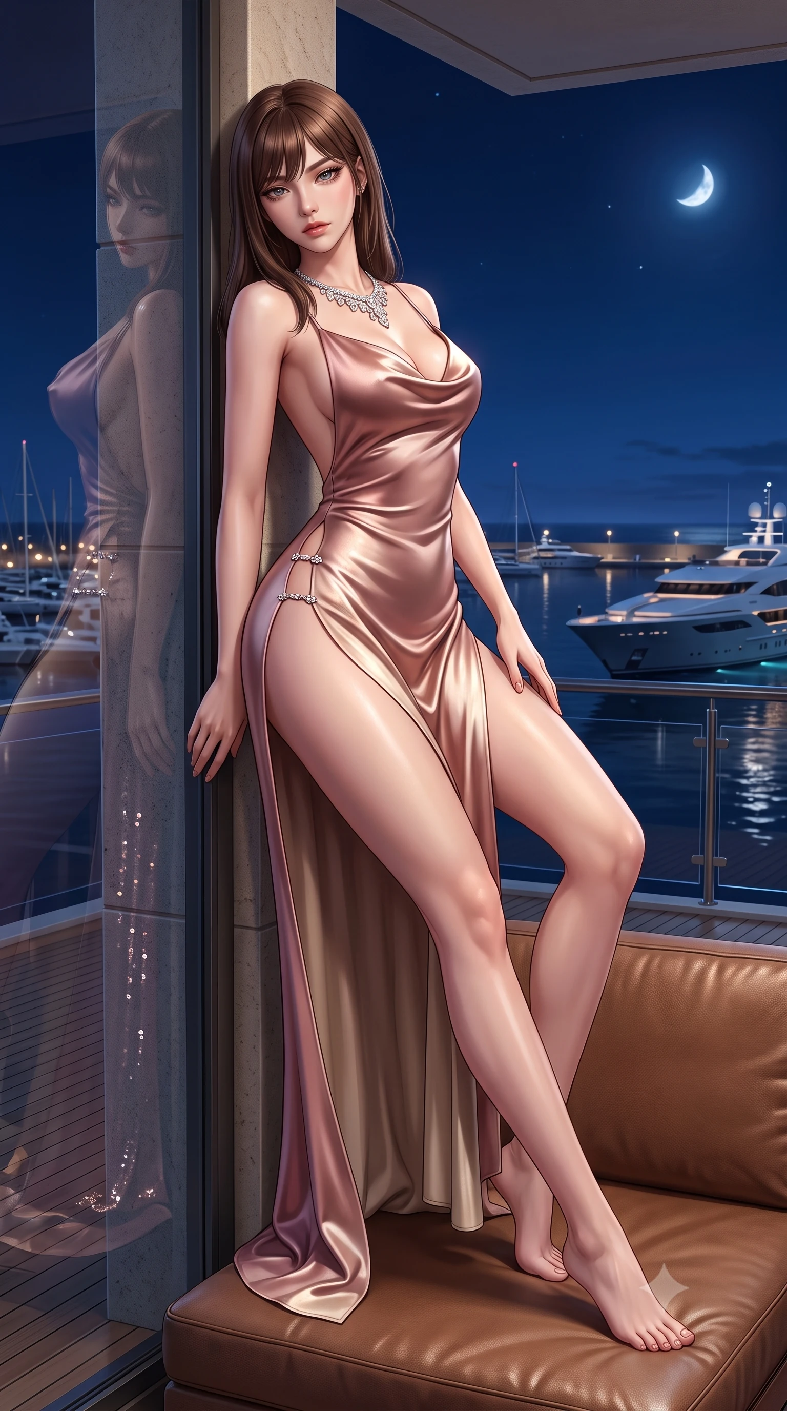 score_9, masterpiece, best quality, ultra-detailed, high-budget anime keyframe, semi-realistic 3D game render, editorial fashion photography, tasteful artistic composition, Korean woman. low angle full-body shot from head to toe showing her feet, filling the entire 9:16 vertical frame with her statuesque presence, stretching her vertical silhouette. leaning deep against the structural architecture with hips cocked in an unapologetically bold, seductive high-fashion stance while lounging languidly across an outdoor leather yacht lounger, one leg extended and torso propped on one elbow to accentuate her sweeping hip line. The surrounding environment is rendered in vivid detail and crisp panoramic clarity. detailed sequin dress reflections, diamond necklace fire, and Mediterranean night harbor in high clarity. She has an absolutely perfect, statuesque 8.5-heads proportion, an exceptionally tall and slender model-like female figure with impossibly long slender legs, a toned flat midriff, an ultra-slim waist, and beautifully sculpted feminine hips. sharp v-shaped jawline, high-bridge nose, intricate jewel-like eyes with depth, thick eyelashes, glossy parted lips with a natural sheen, intensely captivating and seductive bedroom-eyes expression, flawlessly proportioned anatomical accuracy, strict slender model proportions, natural body alignment, perfectly sculpted long slender limbs, ultra-slim waistline, clean dynamic posture without body distortion. wearing a backless cowl-neck satin slip dress featuring high-cut side hip slits and delicate thin straps in dusky blush rose and champagne shimmer, tailored from ultra-smooth duchess satin with a pearlescent sheen, finished with an ultra-high side slit secured by miniature jeweled clasps, the liquid-tight tailored fabric clinging flawlessly to her narrow waist and rounded feminine hips, emphasizing every millimeter of her sculpted hourglass curves during movement. surrounded by an elite, intoxicating, and irresistibly glamorous Monte Carlo heiress aura. highly saturated vibrant anime colors, detailed shading with soft gradients, rich glossy textures, high-contrast stereoscopic depth, volumetric dynamic lighting, master piece, 9:16 ratio