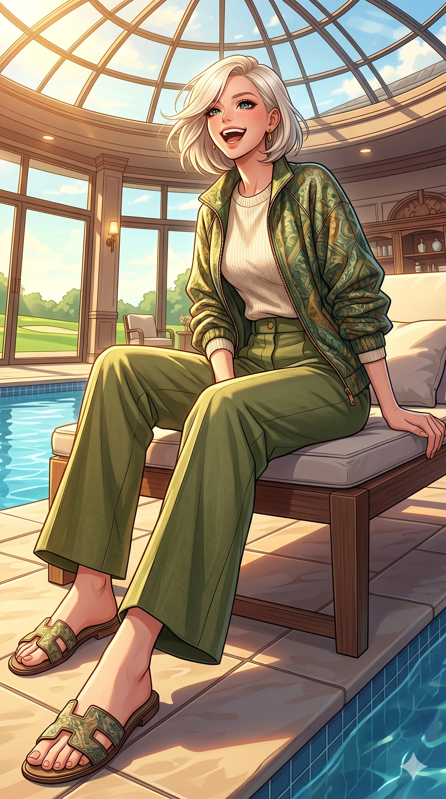 score_9, masterpiece, best quality, ultra-detailed, high-budget anime keyframe, vibrant anime aesthetic, Caucasian woman, strictly human ears. low angle full-body shot from head to toe showing her feet, filling the entire 9:16 vertical frame with her statuesque presence, stretching her vertical silhouette. She is sitting by the resort pool, laughing wind-swept and happy in the morning rays inside a luxury golf clubhouse lounge with views of green lawns under a bright sky (Code-P20-039). She has an absolutely perfect 8-heads proportion, an exceptionally tall and slender female figure with impossibly long slender legs and an ultra-slim waist. V-shaped jawline, high-bridge nose, intricate jewel-like eyes with depth, thick eyelashes, glossy lips with a natural sheen. wearing a designer windbreaker over a knit sweater and wide-leg trousers. She is warm glowing resort light filtering through the glass dome, outlining her features. 2k, ultra detail, master piece, 9:16 ratio