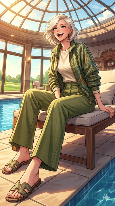 score_9, masterpiece, best quality, ultra-detailed, high-budget anime keyframe, vibrant anime aesthetic, Caucasian woman, strictly human ears. low angle full-body shot from head to toe showing her feet, filling the entire 9:16 vertical frame with her