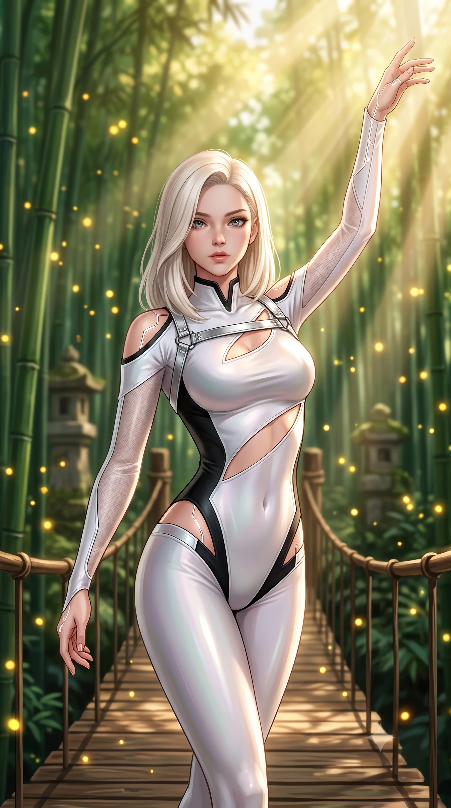 score_9, masterpiece, best quality, ultra-detailed, high-budget anime keyframe, semi-realistic 3D game render, editorial fashion photography, tasteful artistic composition, Caucasian woman. close-up cowboy shot from the waist and thighs up, the character dominates the composition, filling the frame with her large presence. extending one arm gracefully toward the light while her torso arches in a sleek, alluring curve with magnetic intensity while striding gracefully along a suspended cedar bridge winding through a sky-high bamboo grove catching radiant morning sunbeams. The composition keeps background elements in soft focus with creamy bokeh. dense emerald bamboo stalks and glowing golden firefly motes blurred into lush green and amber bokeh. She has an exceptionally elegant, slender, and willowy female figure with an ultra-slim waist, a gracefully sculpted slender torso, toned flat midriff, and a refined slim silhouette. sharp v-shaped jawline, high-bridge nose, intricate jewel-like eyes with depth, thick eyelashes, glossy lips with a natural sheen, flawlessly proportioned anatomical accuracy, strict slender model proportions, natural body alignment, perfectly sculpted long slender limbs, ultra-slim waistline, clean dynamic posture without body distortion. wearing an ultra-sleek high-cut tech-bodysuit featuring dangerous diagonal slitted cutouts on the midriff and shoulders, reinforced by a metallic silver harness and sheer mesh sleeves in high-gloss monochrome white and sharp black contrast, made of smooth iridescent silk chiffon that shifts colors with movement, featuring a dangerously unzipped neckline framed by glowing cybernetic accents, the precision-cut daring openings accentuating her delicate midriff, graceful bare collarbones, and ultra-slim feminine waistline. surrounded by a serene, magical, and captivatingly sensual oriental sanctuary aura. highly saturated vibrant anime colors, detailed shading with soft gradients, rich glossy textures, high-contrast stereoscopic depth, volumetric dynamic lighting, master piece, 9:16 ratio