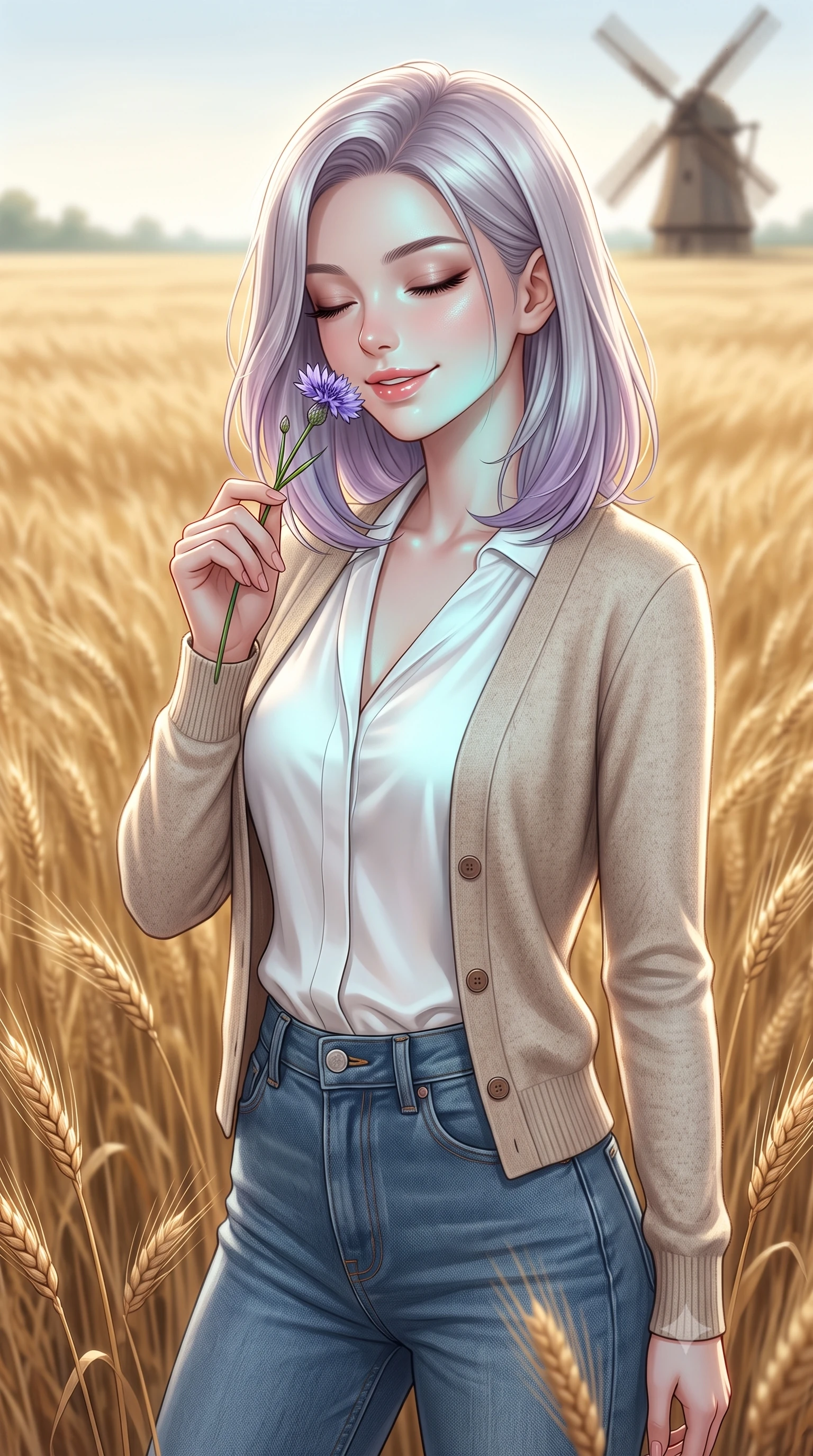 score_9, masterpiece, best quality, ultra-detailed, high-budget anime keyframe, editorial fashion photography, tasteful artistic composition, Caucasian woman, strictly human ears. close-up cowboy shot from the waist and thighs up, the character dominates the composition, filling the frame with her large presence, background elements kept in soft focus. Holding a delicate flower near her cheek, smiling with dreamy happiness. set against a soft-focus background of standing in the middle of a vast field of ripe golden wheat swaying in the wind, with a traditional wooden windmill visible on the far horizon. She has an exceptionally elegant, slender, and willowy female figure with a highly-defined ultra-slim waist, a gracefully sculpted slender torso, and a refined slim-fit silhouette that contours her form. sharp v-shaped jawline, high-bridge nose, intricate jewel-like eyes with depth, thick eyelashes, glossy lips with a natural sheen. wearing a tailored slim-fit oatmeal wool cardigan over a sleek white silk blouse and high-waisted denim trousers. soft aqua bioluminescent light making her skin luminously glow against darkness. 2k, ultra detail, master piece, 9:16 ratio
