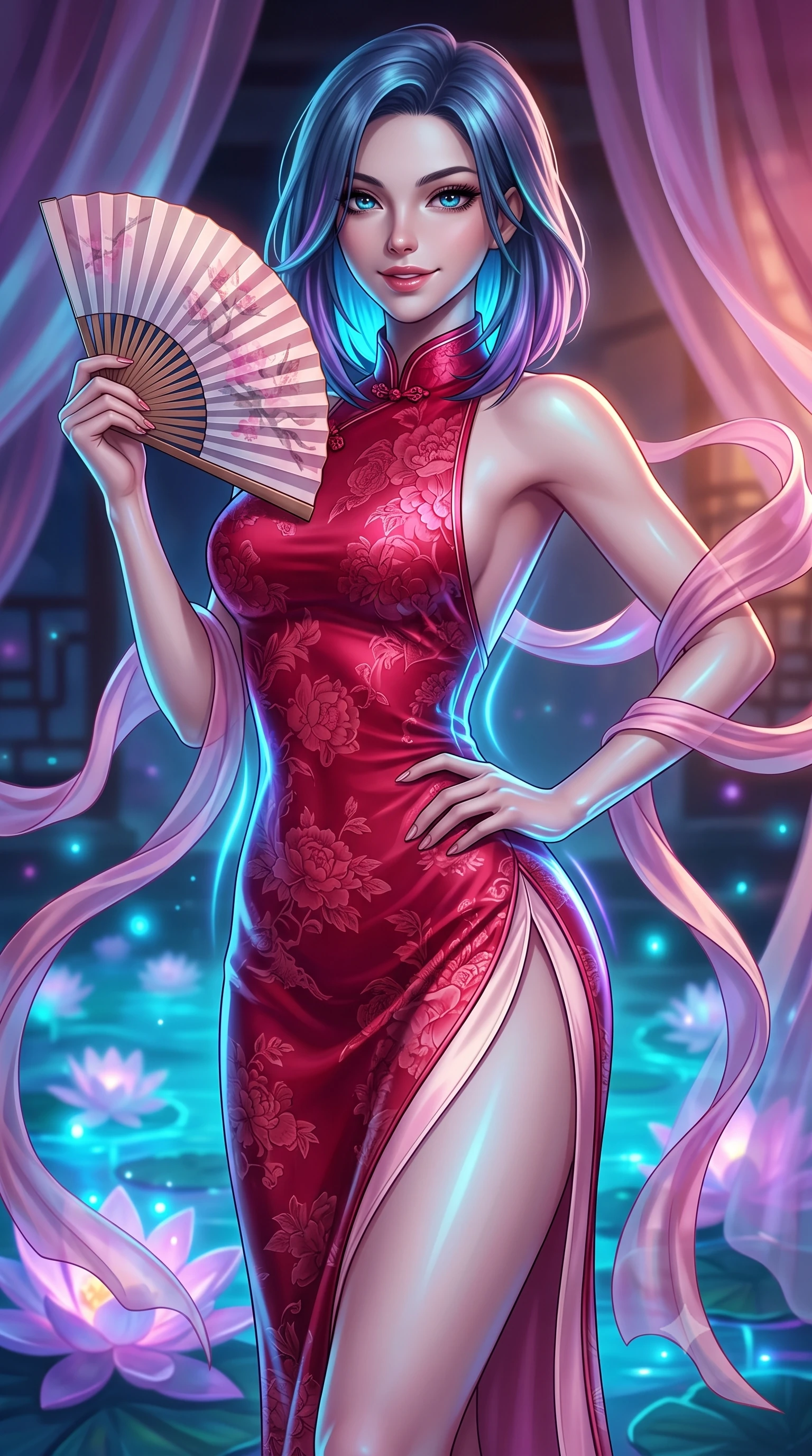 score_9, masterpiece, best quality, ultra-detailed, high-budget anime keyframe, semi-realistic 3D game render, editorial fashion photography, tasteful artistic composition, Caucasian woman. close-up cowboy shot from the waist and thighs up, the character dominates the composition, filling the frame with her large presence. twisting her slender torso in an alluring contrapposto stance, one hand resting on her sculpted hip while holding a traditional silk folding fan with effortless poise while twisting her slender torso in an alluring contrapposto stance, bioluminescent cyan and violet ripples tracing her narrow waist and curvy hips. The surrounding environment is rendered in vivid detail and crisp panoramic clarity: detailed flowing silk gown drape, bioluminescent reflections on skin, and sacred sanctuary architecture in razor-sharp precision. She has an exceptionally elegant, slender, and willowy female figure with an ultra-slim waist, flat toned midriff, narrow ribcage, and sculpted feminine hips creating an alluring, slim hourglass silhouette without bulk. sharp v-shaped jawline, high-bridge nose, intricate jewel-like dark sparkling almond eyes with depth, thick lashes, glossy parted lips with a natural rose-plum sheen, bright alluring and coquettish smile with bedroom-eyes, exuding both timeless oriental elegance and sovereign high-fashion allure, flawlessly proportioned anatomical accuracy, strict slender model proportions, natural body alignment, perfectly sculpted long slender limbs, ultra-slim waistline, clean dynamic posture without body distortion. wearing a backless crimson silk slip dress with oriental peony jacquard and a side hip slit ascending to the high waist in soft cherry blossom pink and pearlescent ivory, woven from delicate semi-opaque floral lace with oriental peony patterns, accented with flowing gossamer silk ribbons that flutter dynamically in the evening breeze, the liquid-tight tailored silk fabric clinging flawlessly to her narrow waist and rounded feminine hips, emphasizing every millimeter of her sculpted slim hourglass curves without any bulky heaviness. bathed in magical cyan and violet bioluminescent light radiating from the lotus pond. highly saturated vibrant anime colors, detailed shading with soft gradients, rich glossy textures, high-contrast stereoscopic depth, volumetric dynamic lighting, master piece, 9:16 ratio