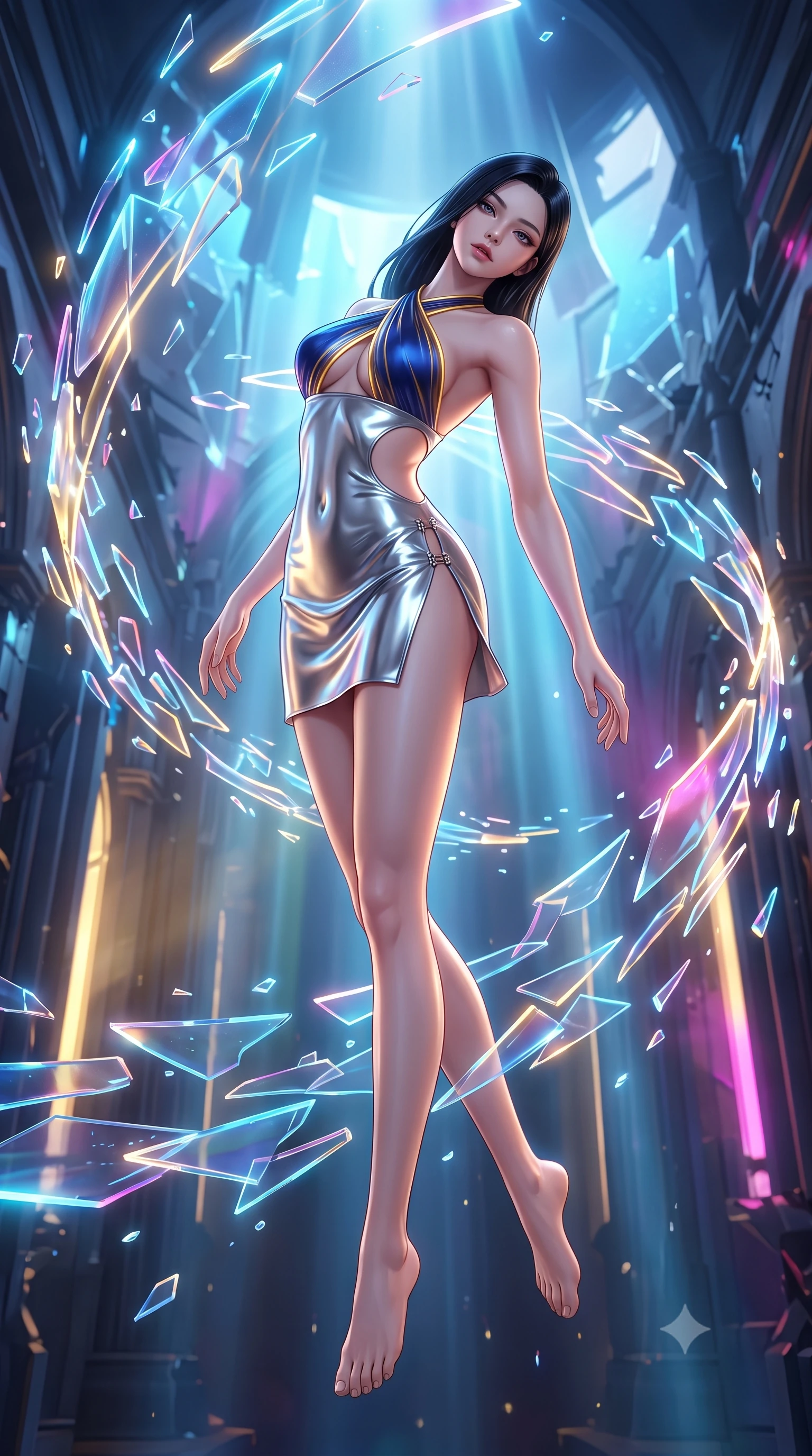 score_9, masterpiece, best quality, ultra-detailed, high-budget anime keyframe, semi-realistic 3D game render, editorial fashion photography, tasteful artistic composition, Korean woman. low angle full-body shot from head to toe showing her feet, filling the entire 9:16 vertical frame with her statuesque presence, stretching her vertical silhouette. arching her back in a fluid zero-gravity turn with sovereign grace, her long slender legs and sculpted torso creating a sweeping line while pivoting dynamically amidst a suspended vortex of glowing neon glass shards inside a grand cyber-cathedral. The surrounding environment is rendered in vivid detail and crisp panoramic clarity. volumetric neon light rays cutting through fog and shattered architecture rendered in panoramic precision. She has an absolutely perfect, statuesque 8.5-heads proportion, an exceptionally tall and slender model-like female figure with impossibly long slender legs and an ultra-slim waist. sharp v-shaped jawline, high-bridge nose, intricate jewel-like eyes with depth, thick eyelashes, glossy lips with a natural sheen, flawlessly proportioned anatomical accuracy, natural body alignment, perfectly sculpted elegant limbs, clean dynamic posture without body distortion. wearing a molten silver liquid-metal mini dress featuring deep side-waist cutouts and a daring crossover halter neckline in midnight sapphire blue and glowing gold filaments, made of smooth iridescent silk chiffon that shifts colors with movement, finished with an ultra-high side slit secured by miniature magnetic clasps, the liquid-tight fabric adhering flawlessly to her sculpted torso and slender silhouette. surrounded by an awe-inspiring, ethereal, and breathtakingly dramatic cathedral atmosphere. highly saturated vibrant anime colors, detailed shading with soft gradients, rich glossy textures, high-contrast stereoscopic depth, volumetric dynamic lighting, master piece, 9:16 ratio