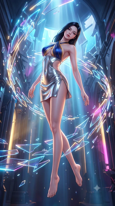 score_9, masterpiece, best quality, ultra-detailed, high-budget anime keyframe, semi-realistic 3D game render, editorial fashion photography, tasteful artistic composition, Korean woman. low angle full-body shot from head to toe showing her feet, fil