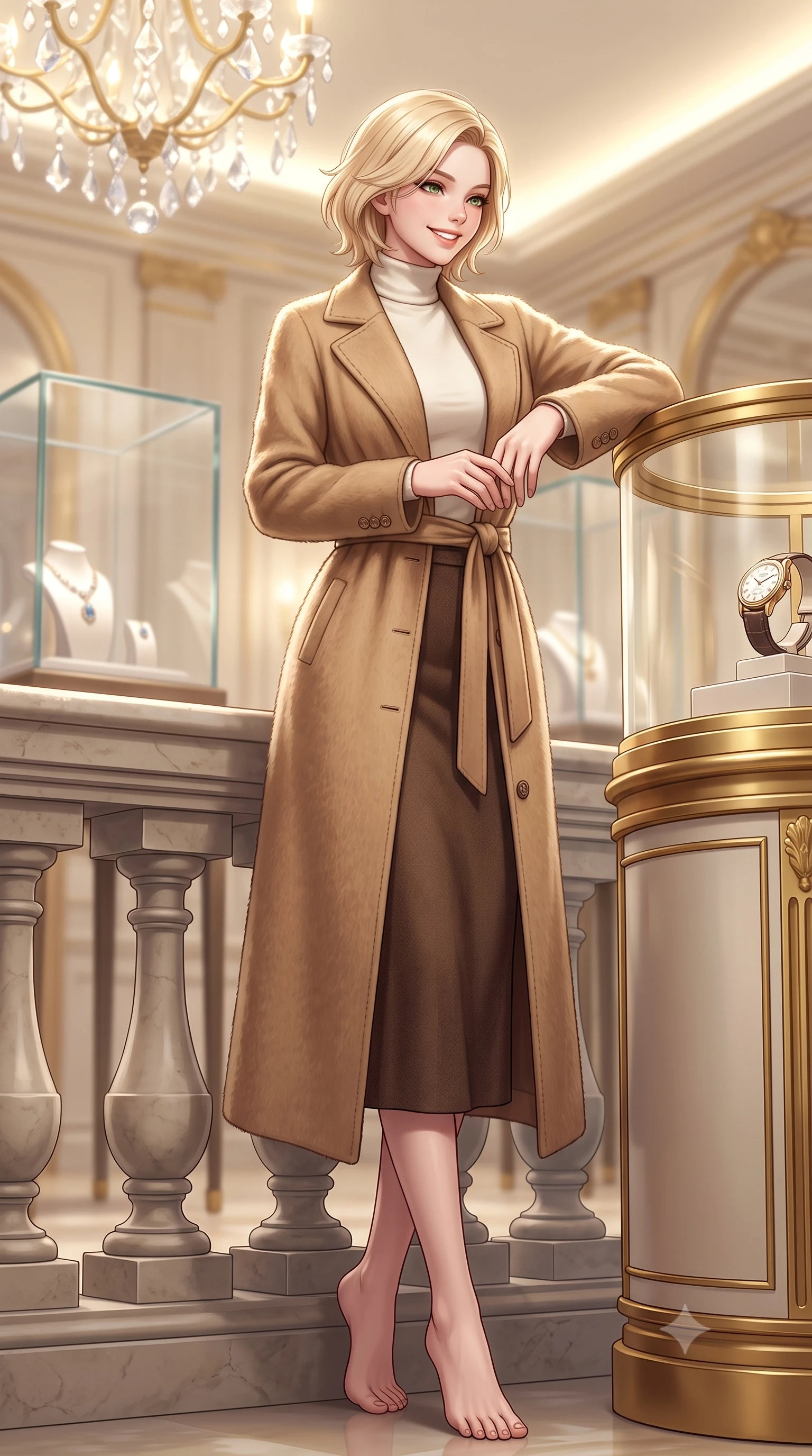 score_9, masterpiece, best quality, ultra-detailed, high-budget anime keyframe, semi-realistic 3D game render, editorial fashion photography, tasteful artistic composition, Caucasian woman. low angle full-body shot from head to toe showing her feet, filling the entire 9:16 vertical frame with her statuesque presence, stretching her vertical silhouette. standing poised beside the classical stone balustrade with one foot slightly forward, hands folded loosely before her with regal grace while leaning gracefully against the curved gilded vitrine examining a luxury timepiece, her posture straight and commanding with aristocratic cool. The background shows a soft-focus glass display cases with luxury jewels softened in opulent Parisian palace shallow focus. She has an exceptionally tall and slender model-like 8.5-heads proportion, an ultra-slim waist, a flat toned midriff, narrow delicate ribcage, and beautifully sculpted feminine hips creating a graceful, slim hourglass silhouette without any bulky heaviness, with impossibly long slender legs. sharp v-shaped jawline, high-bridge nose, intricate jewel-like sparkling eyes with depth, thick eyelashes, glossy parted lips with a natural peach sheen, bright cheerful beaming smile with an enchanting and coquettish sensual glint, exuding both youthful cute charm and seductive allure, flawlessly proportioned anatomical accuracy, strict slender model proportions, natural body alignment, perfectly sculpted long slender limbs, ultra-slim waistline, clean dynamic posture without body distortion. wearing a luxurious longline cashmere cardigan coat with a belted waist worn over an ivory turtleneck and wool midi skirt in Saint-Germain camel wool and warm espresso, woven from plush alpaca yarn with a cloud-like fuzzy texture and soft halo, featuring delicate tonal horn buttons and meticulous hand-stitched pick-lapel borders, the expertly draped wool fabric falling in crisp fluid lines along her tall 8.5-heads silhouette, celebrating her slender frame without excess fabric bulk. bathed in brilliant 3500K warm-white cove illumination and glittering multi-faceted crystal chandelier reflections. highly saturated vibrant anime colors, detailed shading with soft gradients, rich glossy textures, high-contrast stereoscopic depth, volumetric dynamic lighting, master piece, 9:16 ratio