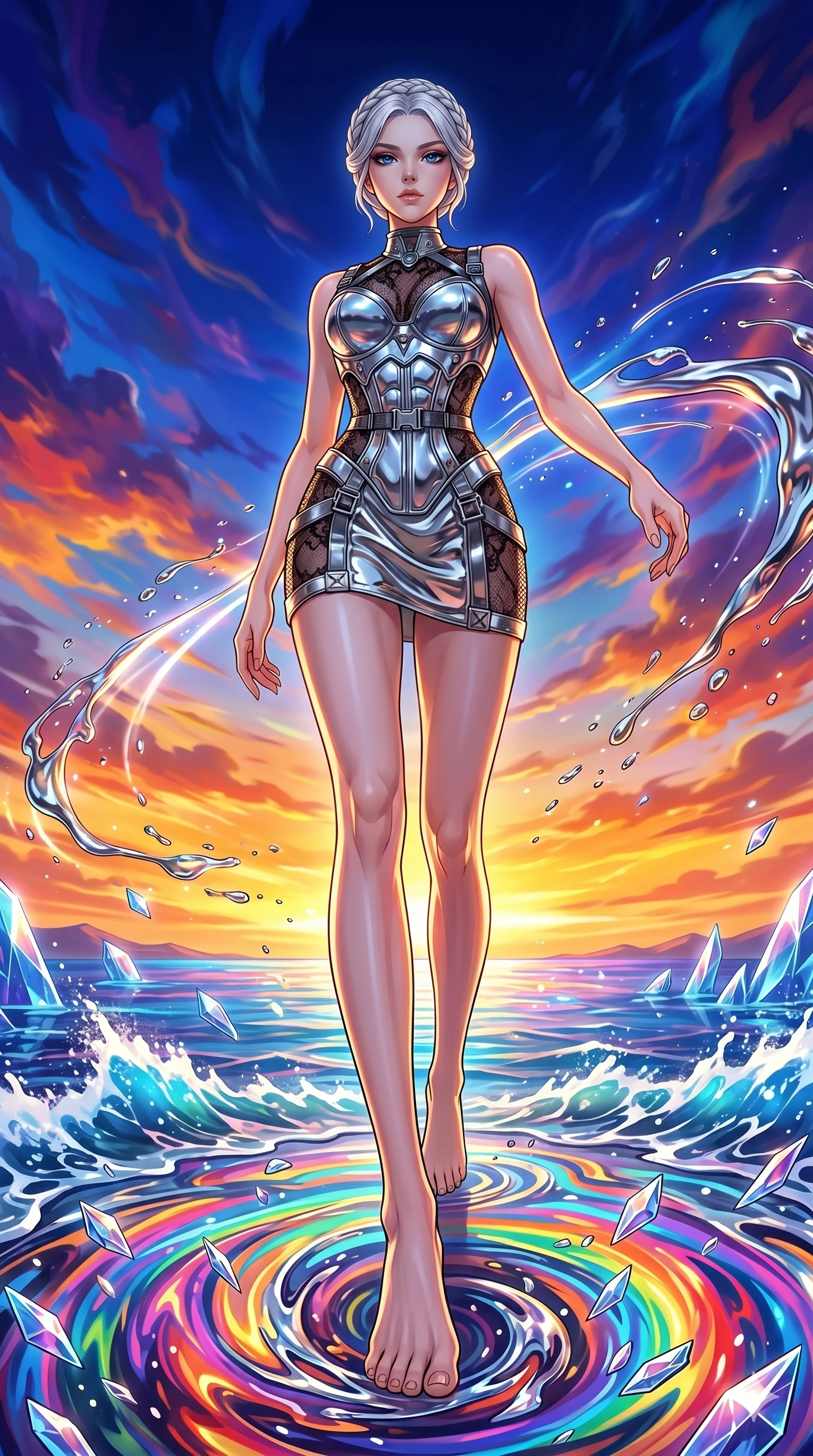 score_9, masterpiece, best quality, ultra-detailed, High-budget Anime Keyframe, vibrant colors, fluid line-art, expressive lighting, cinematic composition, Ufotable-style visual effects, top-tier animation quality, Japanese woman with delicate and elegant anime-inspired features. Dramatic low angle looking up at her majestic stature, dominating the vertical space of the composition. Warping the very fabric of reality around her as she walks, the ground turning into liquid and the sky changing colors. She has an absolutely perfect 8-heads proportion, an exceptionally tall and slender female figure with impossibly long slender legs and an ultra-slim waist, her statuesque height and towering silhouette dominating the vertical 9:16 frame. Her face is a masterpiece featuring a sharp v-shaped jawline, high-bridge nose, intricate jewel-like eyes with depth, thick eyelashes, and glossy lips with a natural sheen. She is wearing a Chrome-plated corset over a sheer lace base with tactical straps and metallic buckles crafted from Molten liquid mercury that flows and reflects the environment with metallic perfection, featuring elegant design elements that emphasize her ultra-slim waist and hips. The scene is set in a vibrant sunset over a futuristic crystalline ocean with waves made of liquid light, illuminated by cinematic lighting with dramatic rim light that highlights her slender silhouette. 2k, ultra detail, master piece, 9:16 ratio