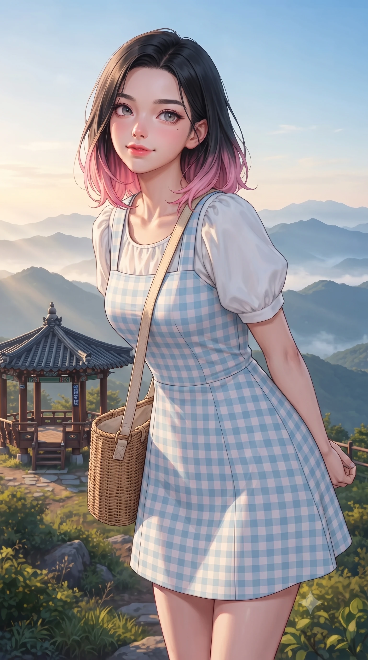score_9, masterpiece, best quality, ultra-detailed, high-budget anime keyframe, editorial fashion photography, tasteful artistic composition, Korean woman. close-up cowboy shot from the waist and thighs up, the character dominates the composition, filling the frame with her large presence. clasping her hands behind her back and leaning forward playfully with a sweet, innocent girlhood expression while gazing across layers of misty mountain ridges with sparkling, hopeful eyes and a radiant expression. The surrounding environment is rendered in vivid detail and crisp panoramic clarity. layered mountain silhouettes, rustic wooden gazebo details, and clear dawn skies in panoramic clarity. She has an exceptionally elegant, slender, and willowy female figure with an ultra-slim waist, a gracefully sculpted slender torso, toned flat midriff, and a refined slim silhouette. sharp v-shaped jawline, high-bridge nose, intricate jewel-like eyes with depth, thick eyelashes, glossy lips with a natural sheen, pure and lovely fresh girlhood expression, flawlessly proportioned anatomical accuracy, strict slender model proportions, natural body alignment, perfectly sculpted long slender limbs, ultra-slim waistline, clean dynamic posture without body distortion. wearing a charming pastel gingham pinafore dress layered over a soft white puff-sleeve blouse in gentle baby blue and cloud white, tailored from crisp organic cotton poplin, accessorized with a rustic woven wicker bag and canvas strap, the soft airy drape swaying gracefully with her dynamic movements, emphasizing her tall willowy build and slim waistline. surrounded by a peaceful, pristine, and deeply refreshing morning goddess aura. ultra-reflective glossy finish, specular highlights, rich natural textures, high-contrast stereoscopic depth, volumetric dynamic lighting, 2k, ultra detail, master piece, 9:16 ratio