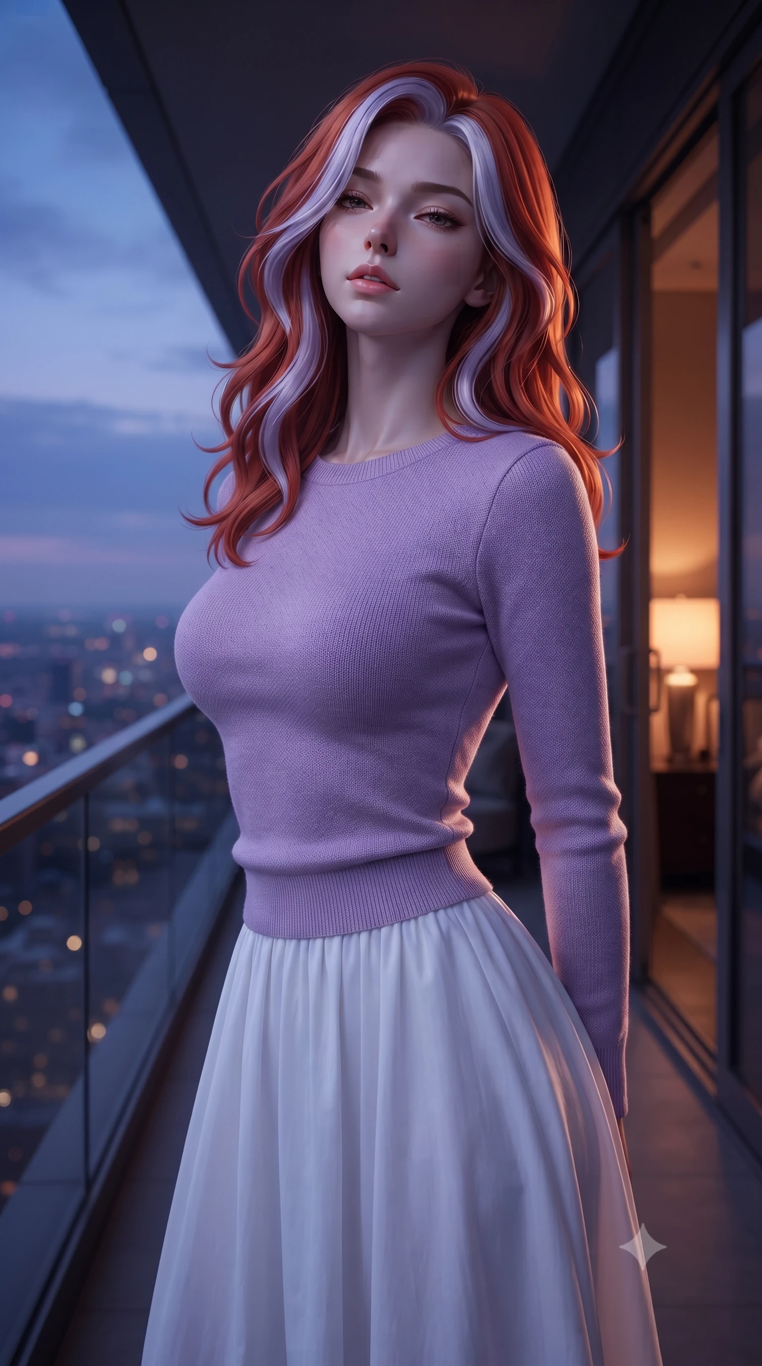 score_9, masterpiece, best quality, ultra-detailed, high-budget anime keyframe, editorial fashion photography, tasteful artistic composition, Caucasian woman. close-up cowboy shot from the waist and thighs up, the character dominates the composition, filling the frame with her large presence, background elements kept in soft focus. tilting her chin up slightly with lips parted in a composed, provocative expression the background shows a soft-focus a high-rise executive suite balcony with sleek glass railings looking over the city. She has an exceptionally elegant, slender, and willowy female figure with an ultra-slim waist, a gracefully sculpted slender torso, and a refined silhouette. sharp v-shaped jawline, high-bridge nose, intricate jewel-like eyes with depth, thick eyelashes, glossy lips with a natural sheen. wearing a form-contouring comfortable lavender knit sweater paired with a flowy white cotton maxi skirt. dramatic twilight sky lighting contrasting with warm interior room lamps. ultra-reflective glossy finish, specular highlights, metallic sheen, high-contrast stereoscopic depth, volumetric dynamic lighting, 2k, ultra detail, master piece, 9:16 ratio
