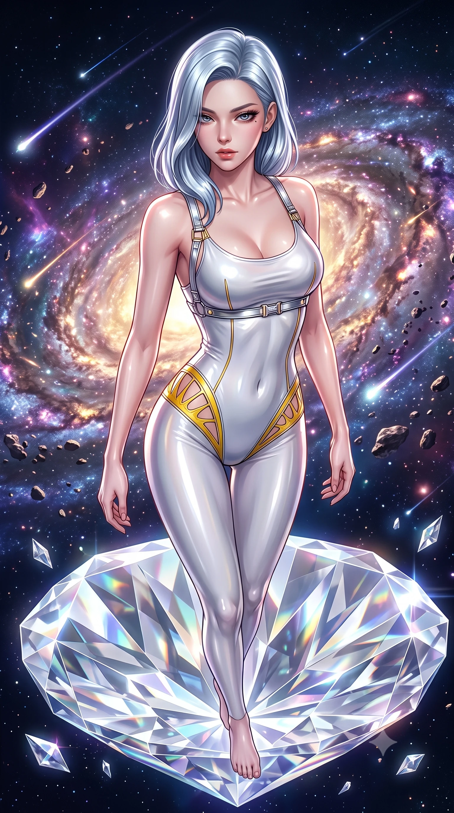 score_9, masterpiece, best quality, ultra-detailed, high-budget anime keyframe, semi-realistic 3D game render, editorial fashion photography, tasteful artistic composition, Korean woman. close-up cowboy shot from the waist and thighs up, the character dominates the composition, filling the frame with her large presence. casting a slow, smoldering gaze beneath heavy lashes with parted glossy lips, her head slightly tilted in captivating self-assurance while floating weightlessly on an open diamond-glass platform suspended in the vacuum of space amidst a swirling spiral galaxy. The surrounding environment is rendered in vivid detail and crisp panoramic clarity. razor-sharp diamond crystal facet edges, glowing galactic arm filaments, and shooting star trails in deep focus. She has an exceptionally elegant, slender, and willowy female figure with an ultra-slim waist, a gracefully sculpted slender torso, toned flat midriff, and a refined slim silhouette. sharp v-shaped jawline, high-bridge nose, intricate jewel-like eyes with depth, thick eyelashes, glossy lips with a natural sheen, flawlessly proportioned anatomical accuracy, strict slender model proportions, natural body alignment, perfectly sculpted long slender limbs, ultra-slim waistline, clean dynamic posture without body distortion. wearing a second-skin white liquid-mercury micro-bodysuit sculpted tightly to her slender build, featuring razor-thin metallic straps and hip cutouts in vibrant sunburst canary yellow and gold trim, made of liquid metal jersey that clings flawlessly to every contour of her build, reinforced by a sleek metallic chrome harness and delicate glowing micro-straps, the sleek second-skin cut tightly hugging her graceful clavicle, narrow waist, and feminine curves with athletic precision. illuminated by crisp diamond-specular highlights tracing her sculpted collarbones, waist, and slender limbs. highly saturated vibrant anime colors, detailed shading with soft gradients, rich glossy textures, high-contrast stereoscopic depth, volumetric dynamic lighting, master piece, 9:16 ratio